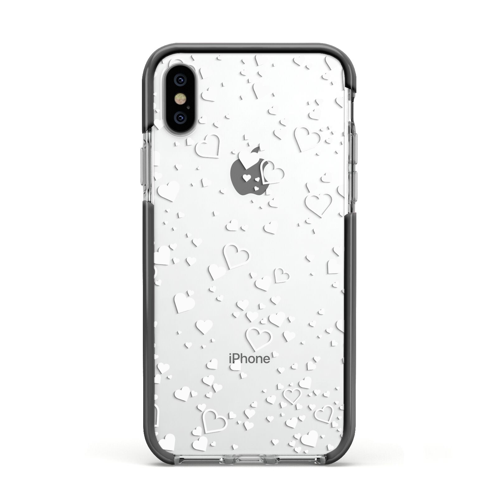 White Heart Apple iPhone Xs Impact Case Black Edge on Silver Phone