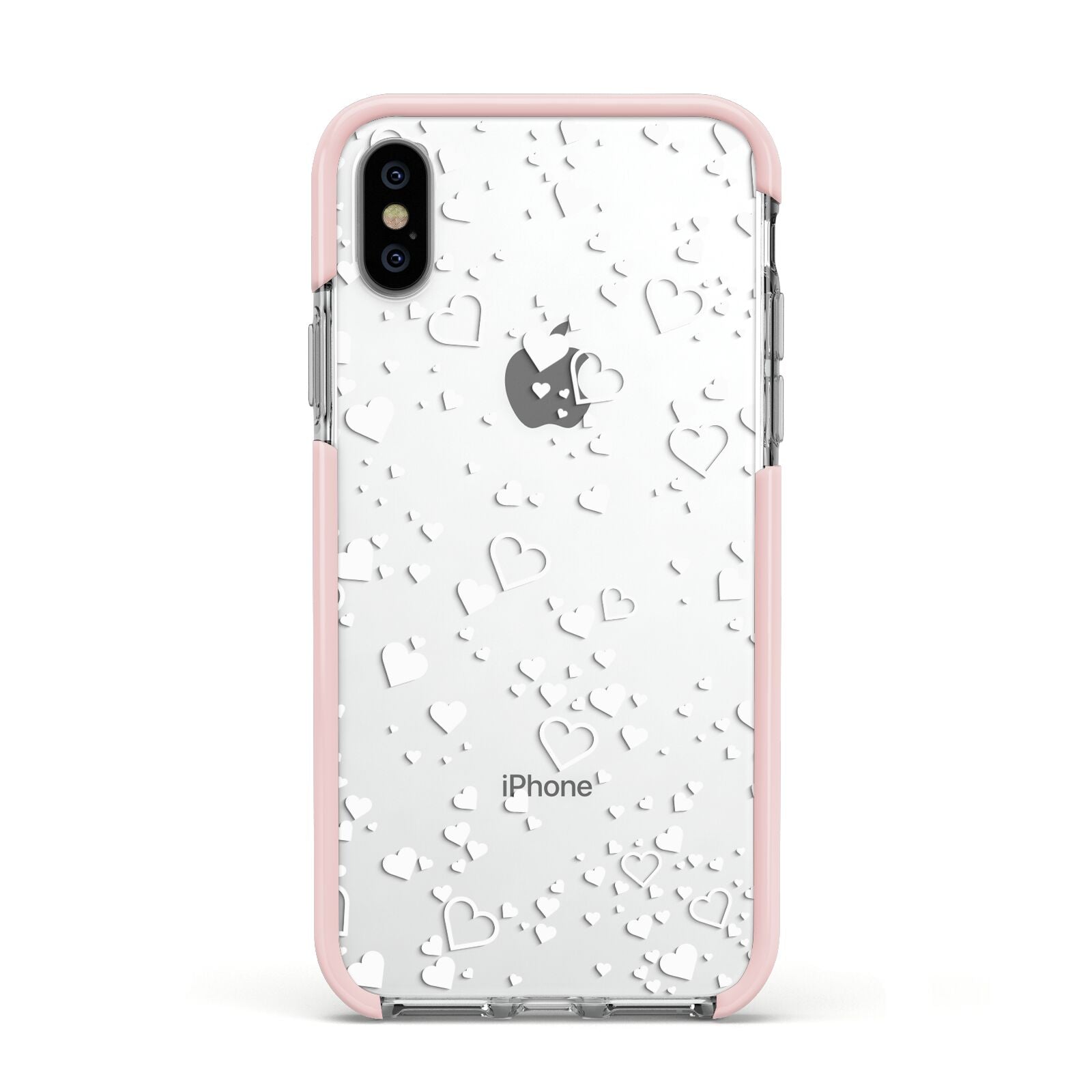 White Heart Apple iPhone Xs Impact Case Pink Edge on Silver Phone