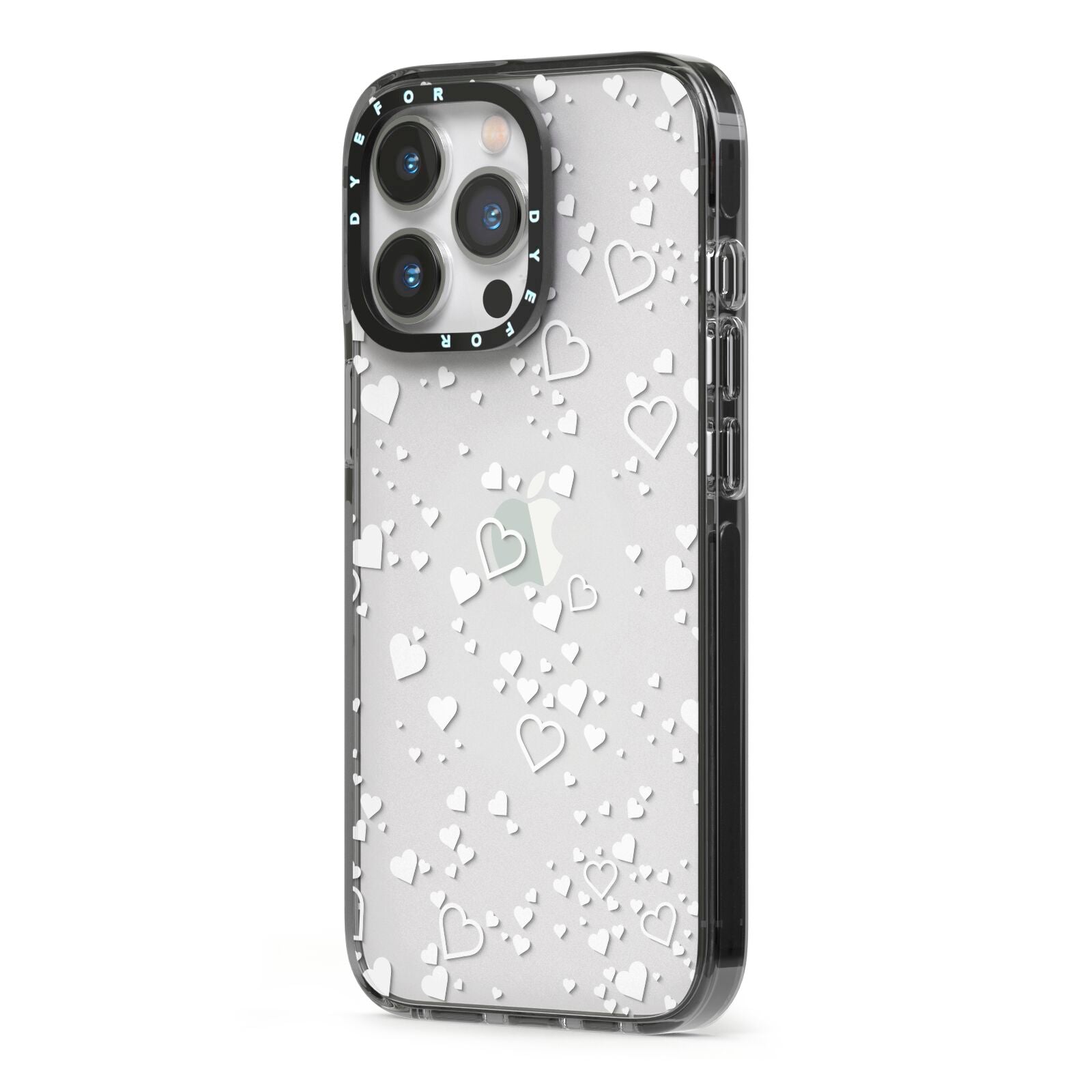 White Heart iPhone 13 Pro Black Impact Case Side Angle on Silver phone