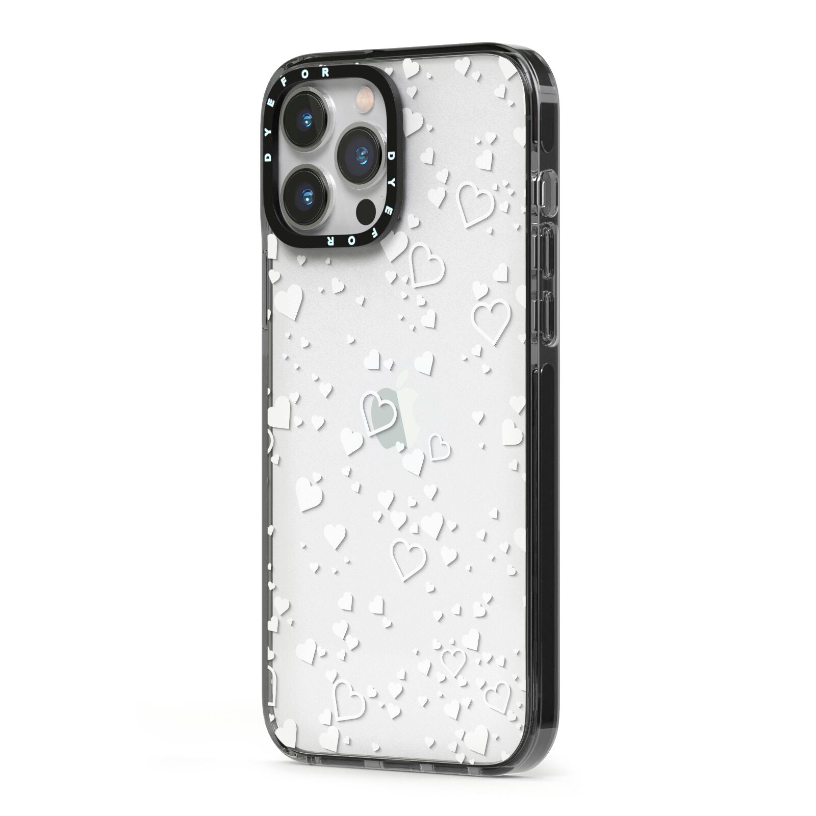 White Heart iPhone 13 Pro Max Black Impact Case Side Angle on Silver phone