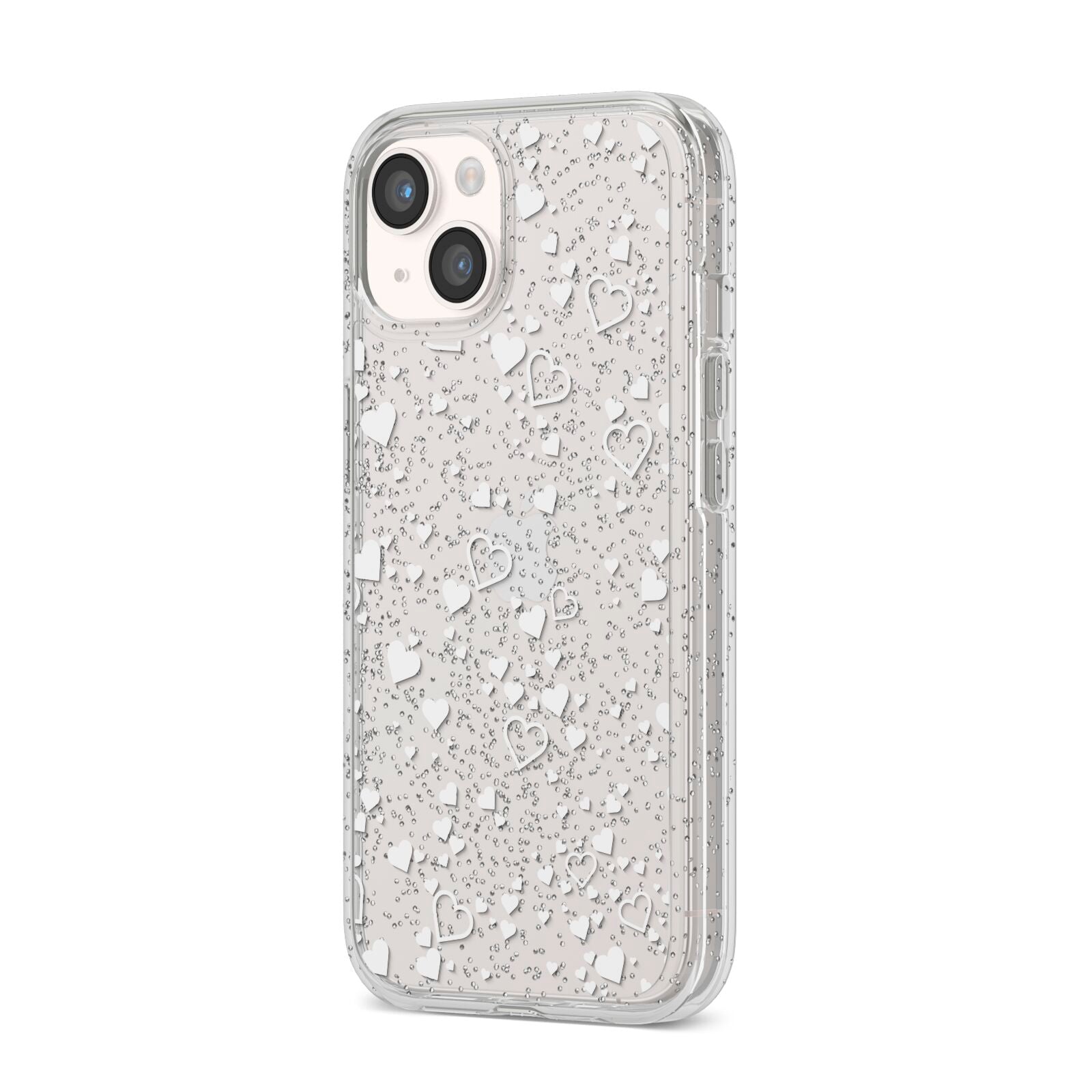White Heart iPhone 14 Glitter Tough Case Starlight Angled Image