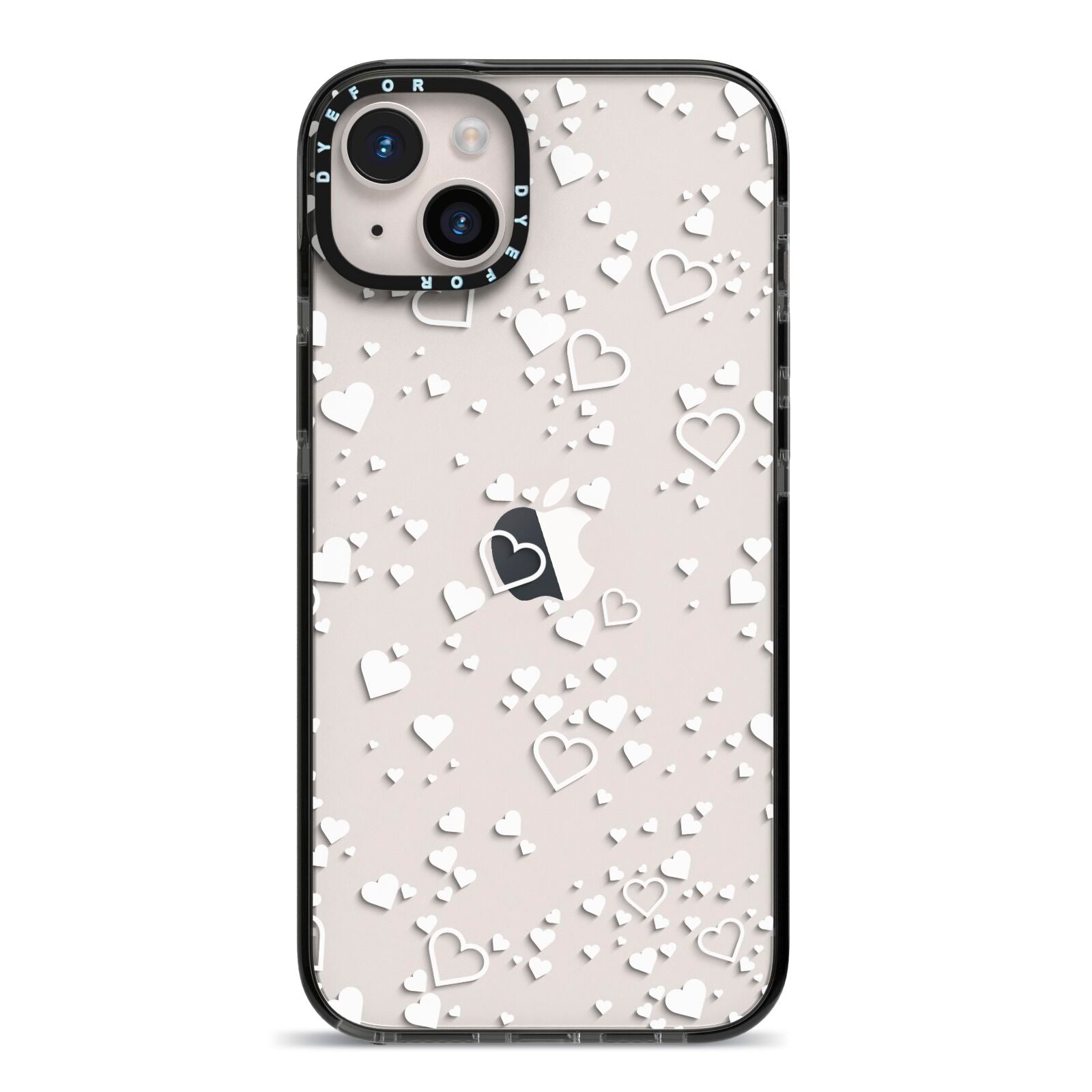 White Heart iPhone 14 Plus Black Impact Case on Silver phone