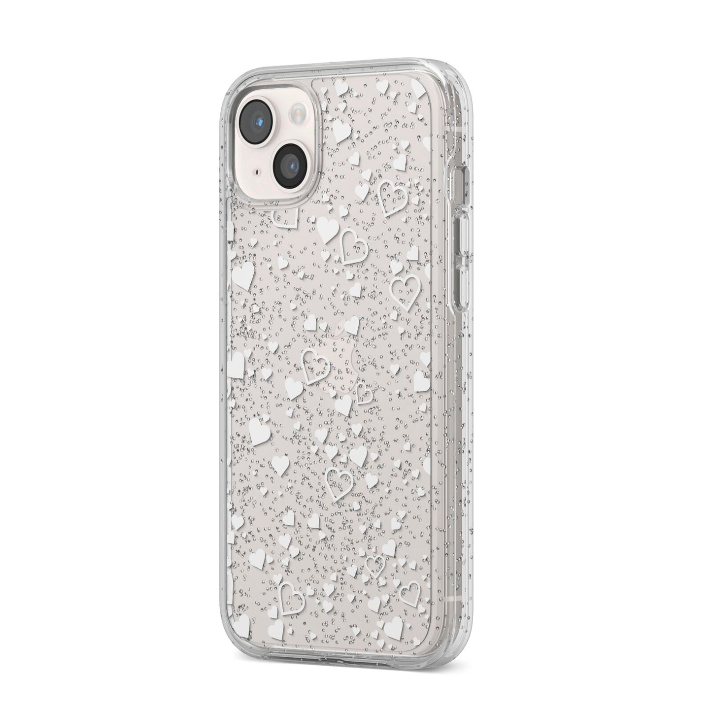 White Heart iPhone 14 Plus Glitter Tough Case Starlight Angled Image