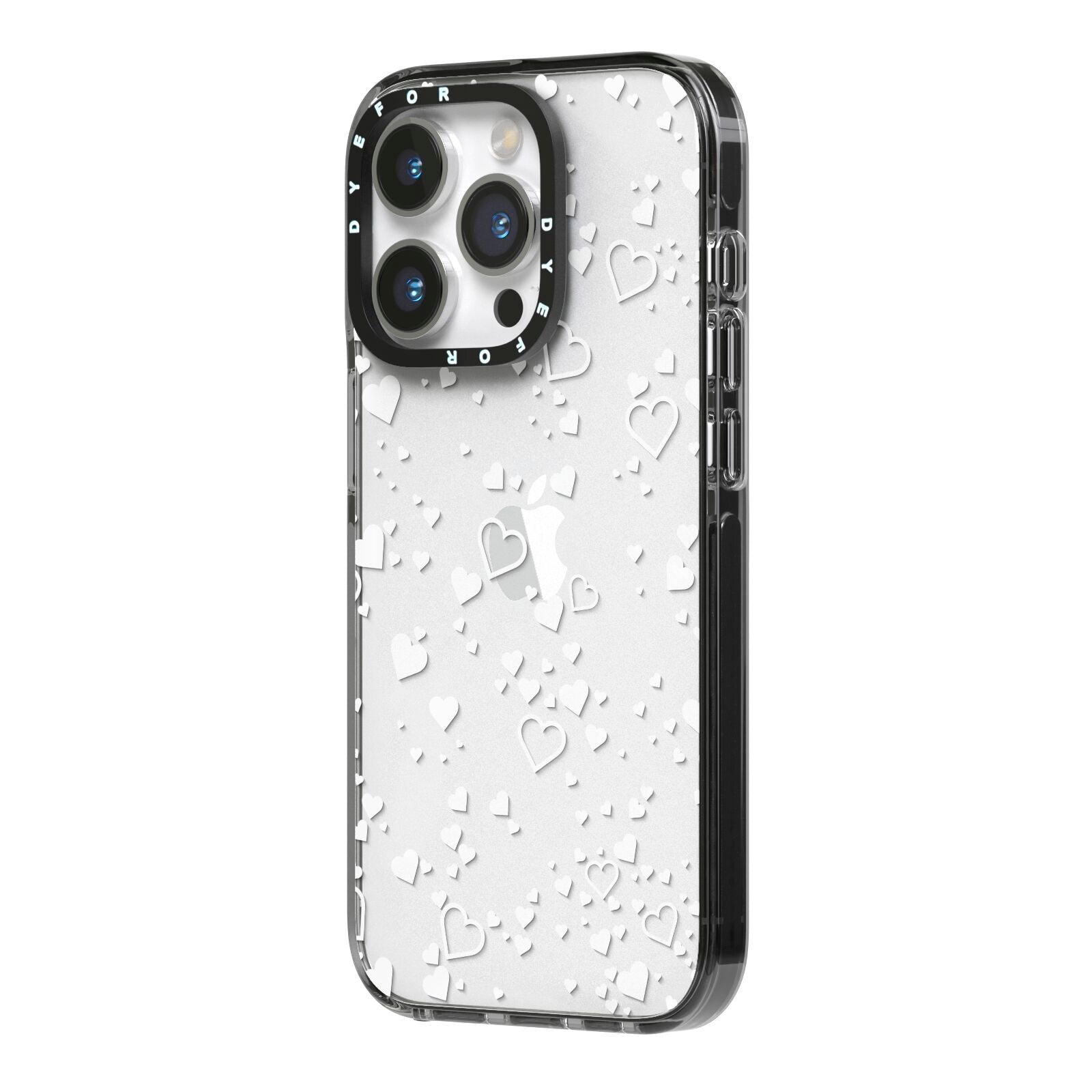 White Heart iPhone 14 Pro Black Impact Case Side Angle on Silver phone