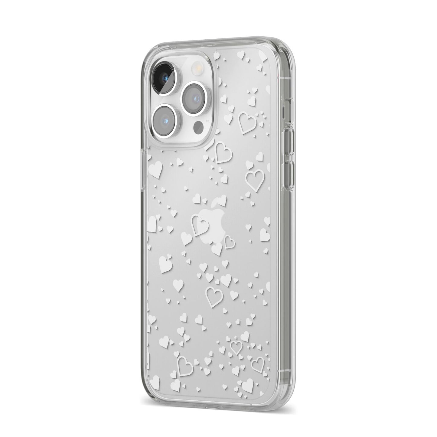 White Heart iPhone 14 Pro Max Clear Tough Case Silver Angled Image