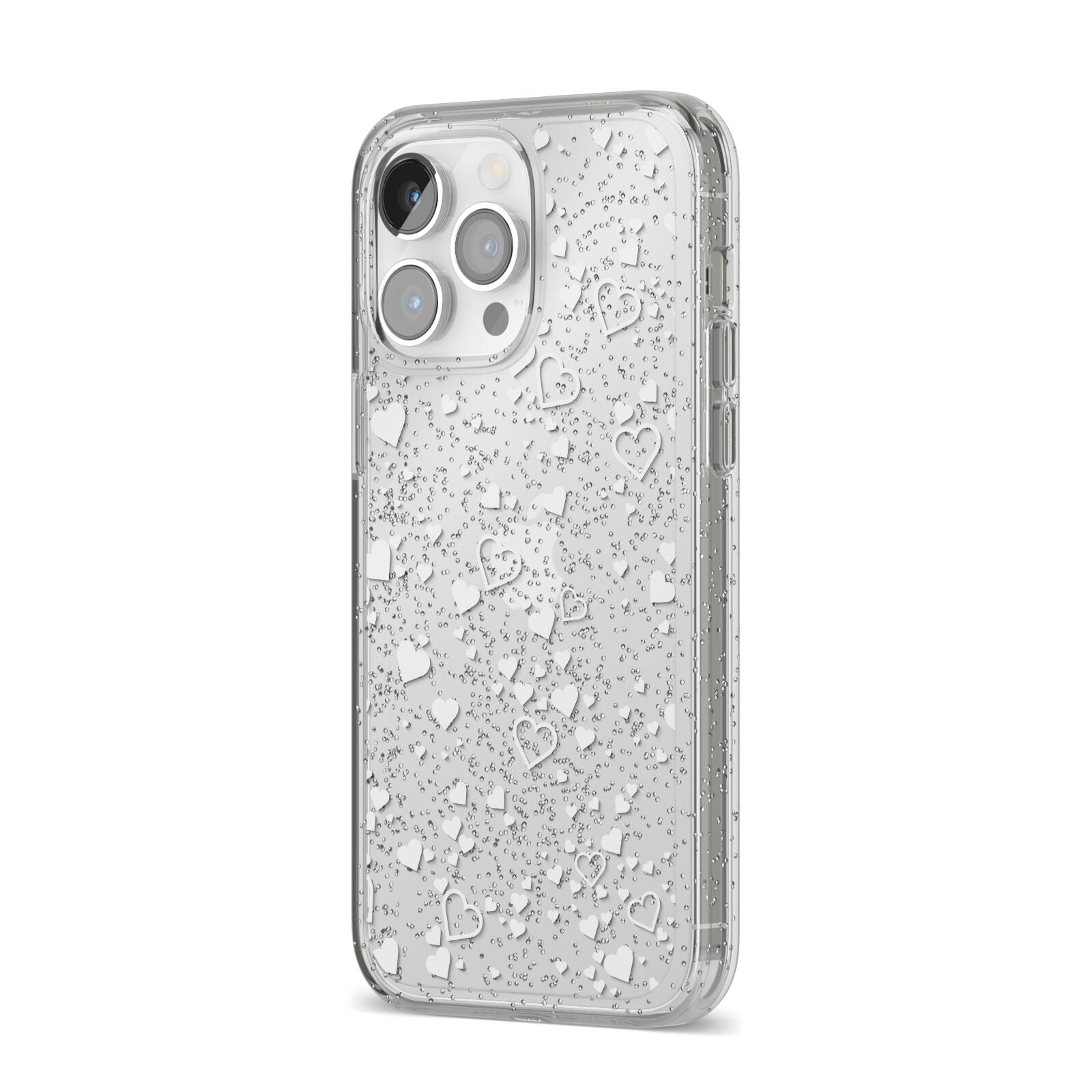 White Heart iPhone 14 Pro Max Glitter Tough Case Silver Angled Image