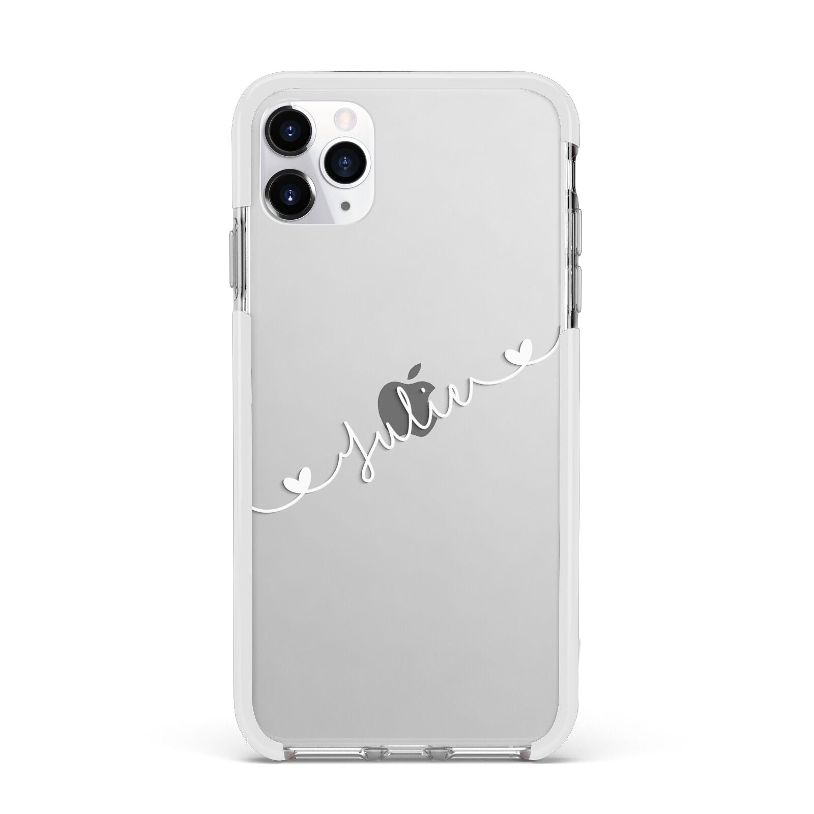 White Sloped Handwritten Name Apple iPhone 11 Pro Max in Silver with White Impact Case