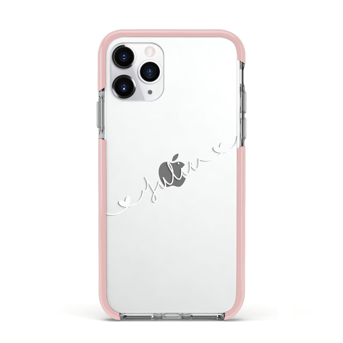 White Sloped Handwritten Name Apple iPhone 11 Pro in Silver with Pink Impact Case