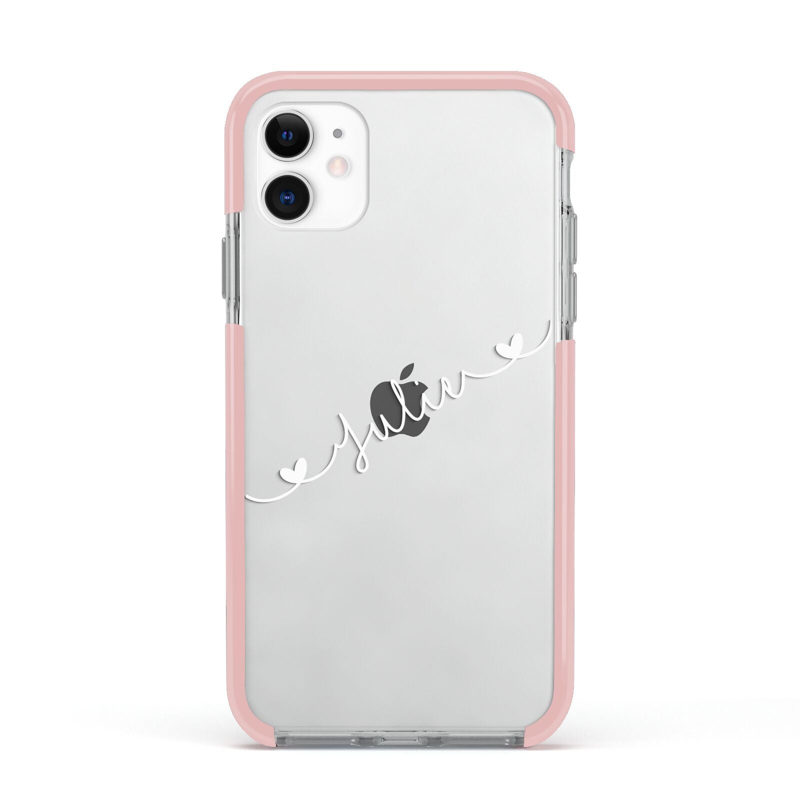 White Sloped Handwritten Name Apple iPhone 11 in White with Pink Impact Case
