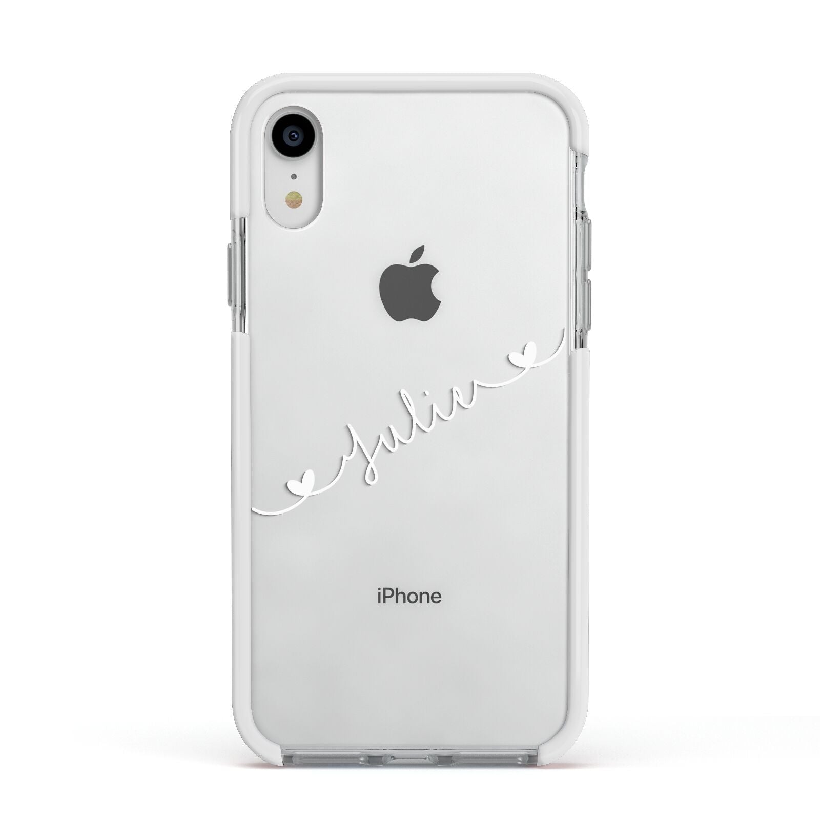 White Sloped Handwritten Name Apple iPhone XR Impact Case White Edge on Silver Phone