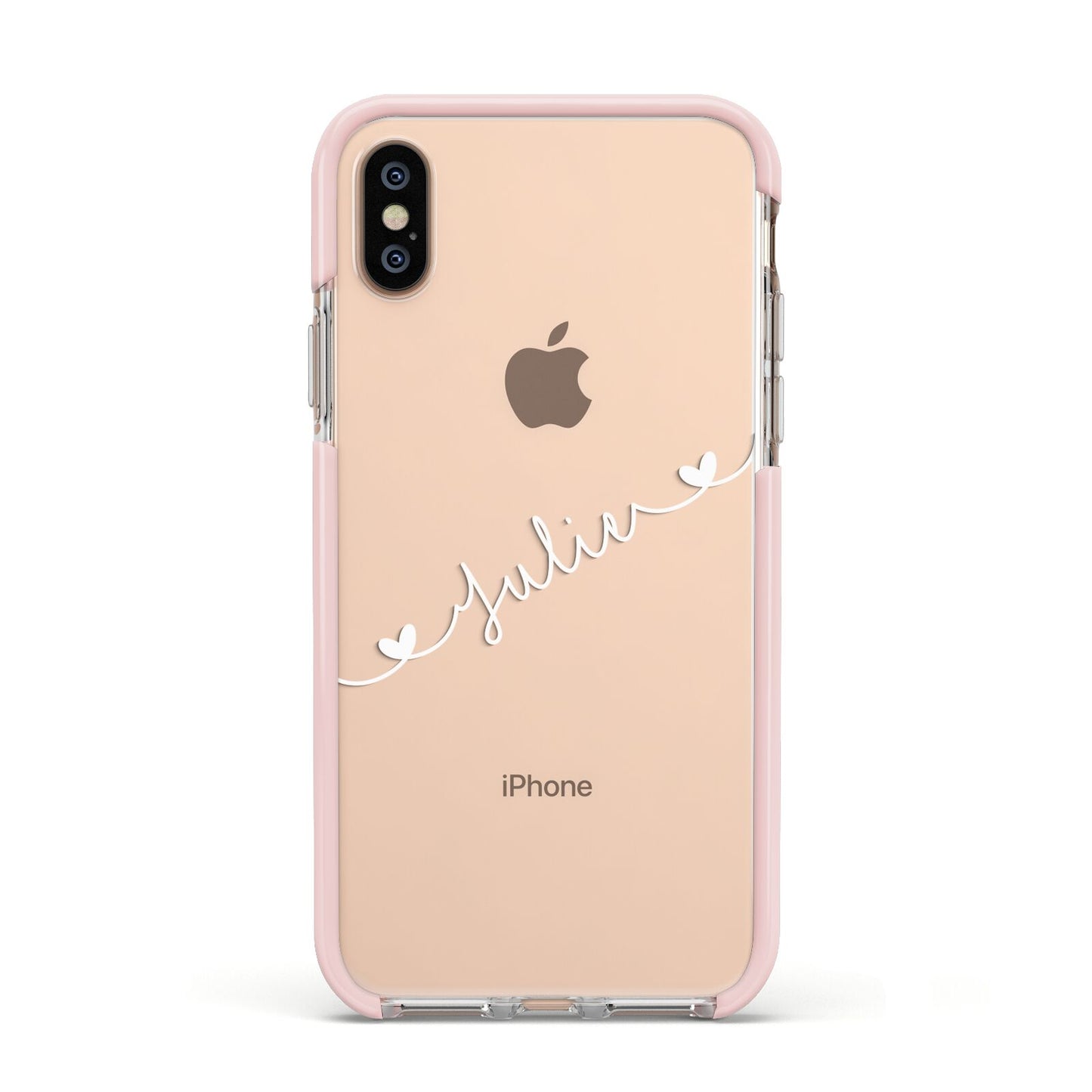 White Sloped Handwritten Name Apple iPhone Xs Impact Case Pink Edge on Gold Phone