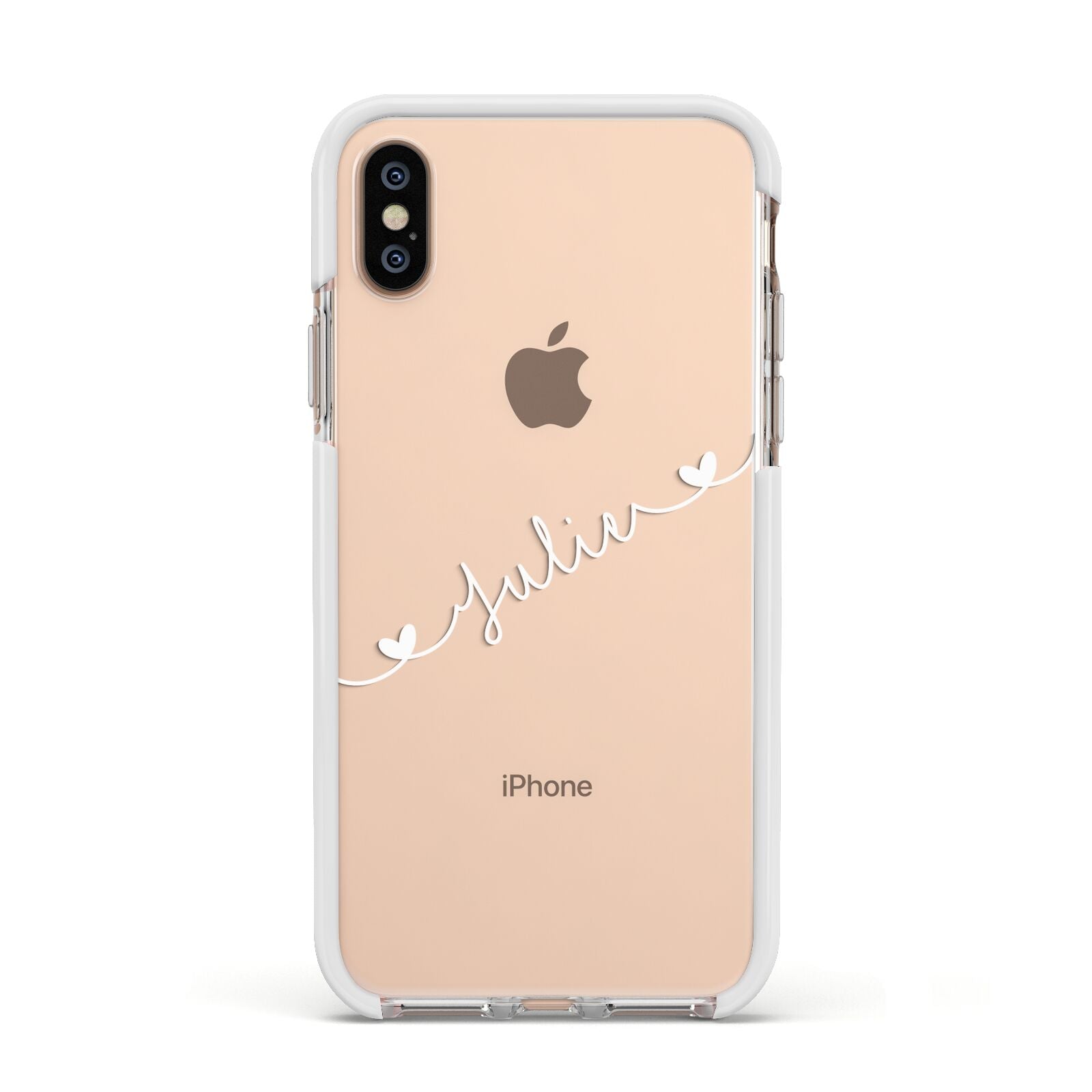 White Sloped Handwritten Name Apple iPhone Xs Impact Case White Edge on Gold Phone
