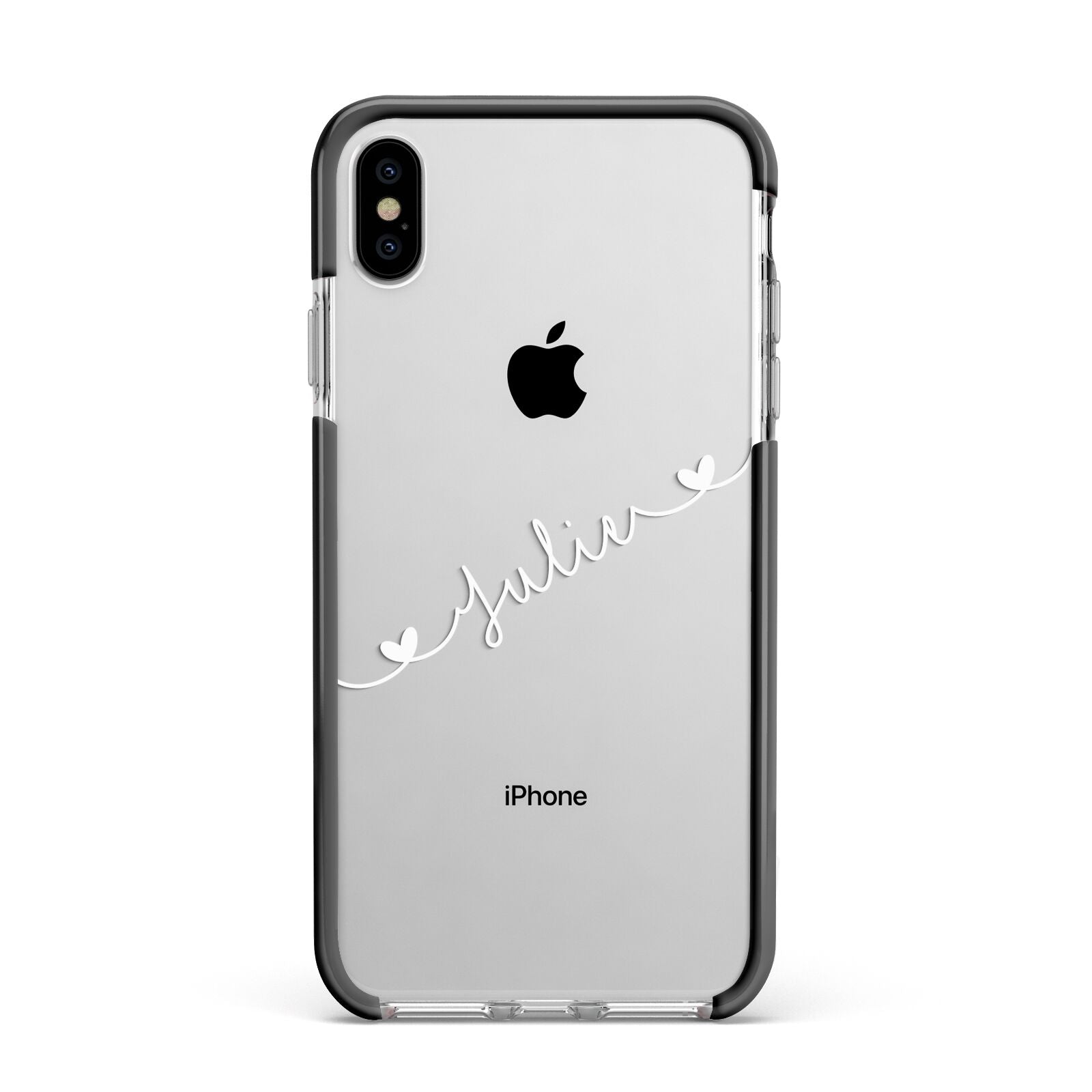 White Sloped Handwritten Name Apple iPhone Xs Max Impact Case Black Edge on Silver Phone