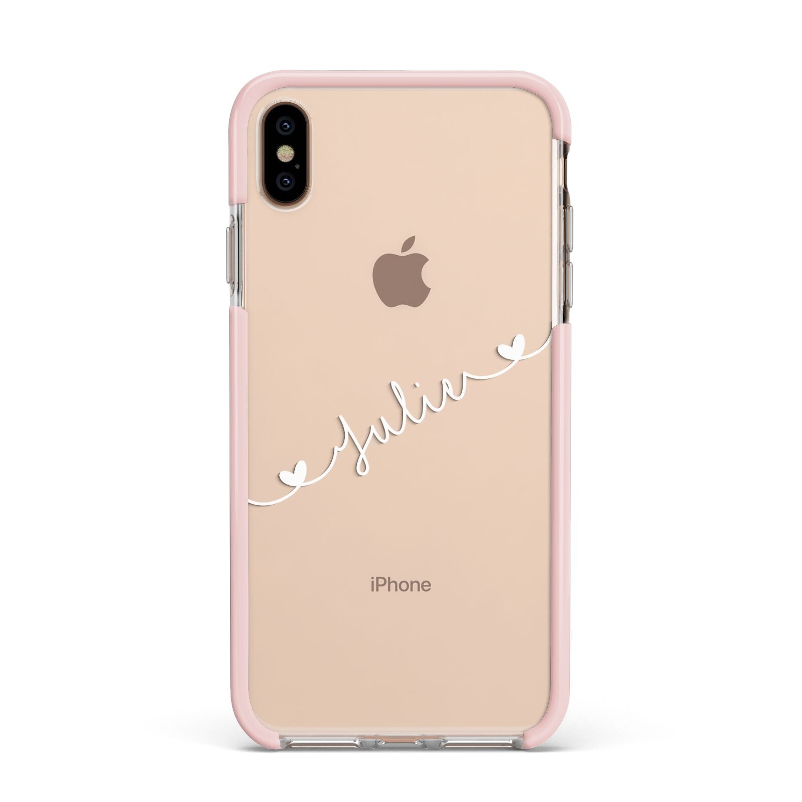 White Sloped Handwritten Name Apple iPhone Xs Max Impact Case Pink Edge on Gold Phone