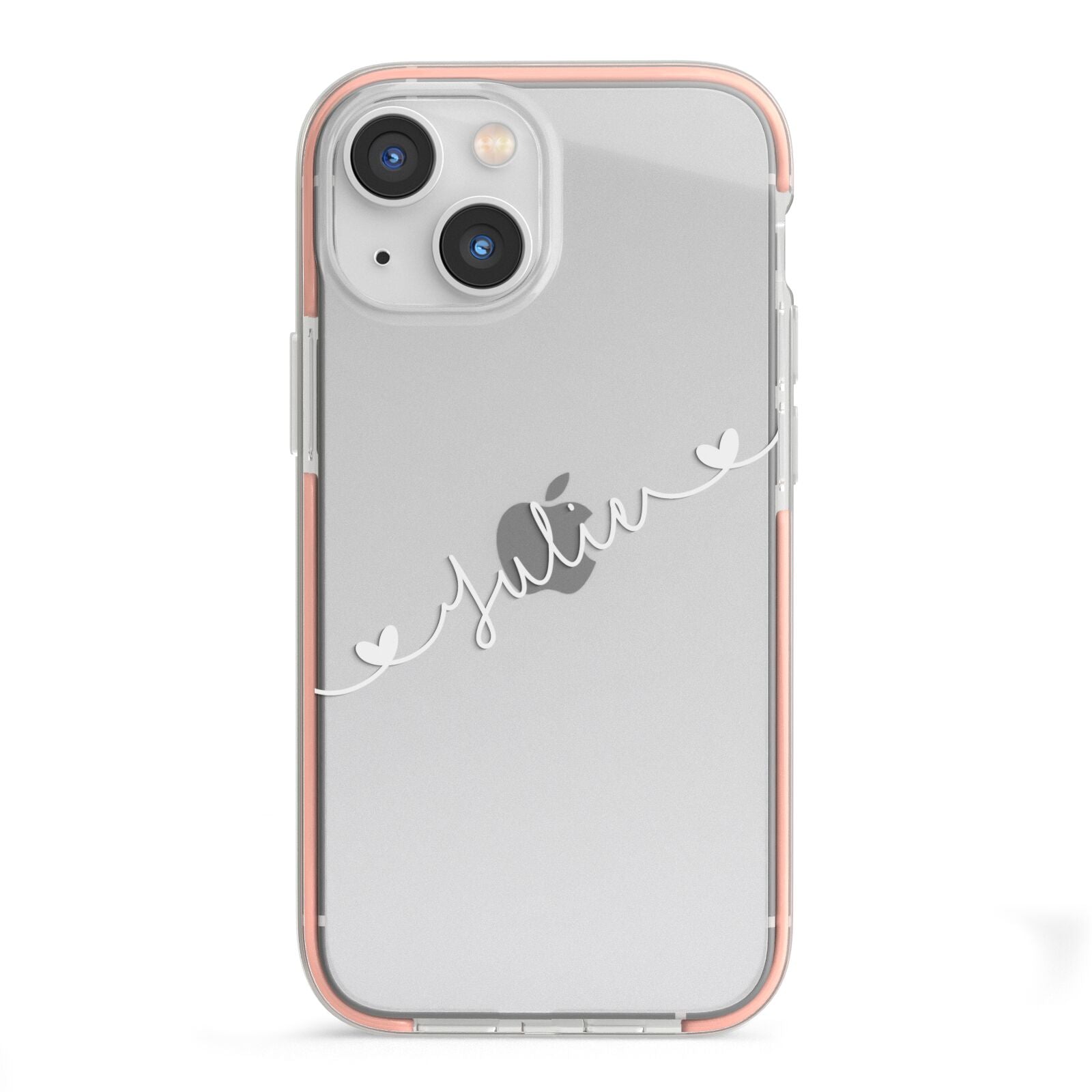White Sloped Handwritten Name iPhone 13 Mini TPU Impact Case with Pink Edges