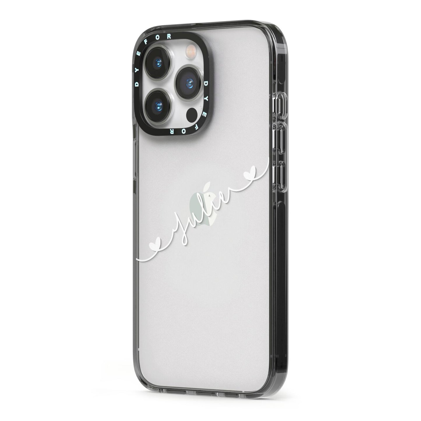 White Sloped Handwritten Name iPhone 13 Pro Black Impact Case Side Angle on Silver phone