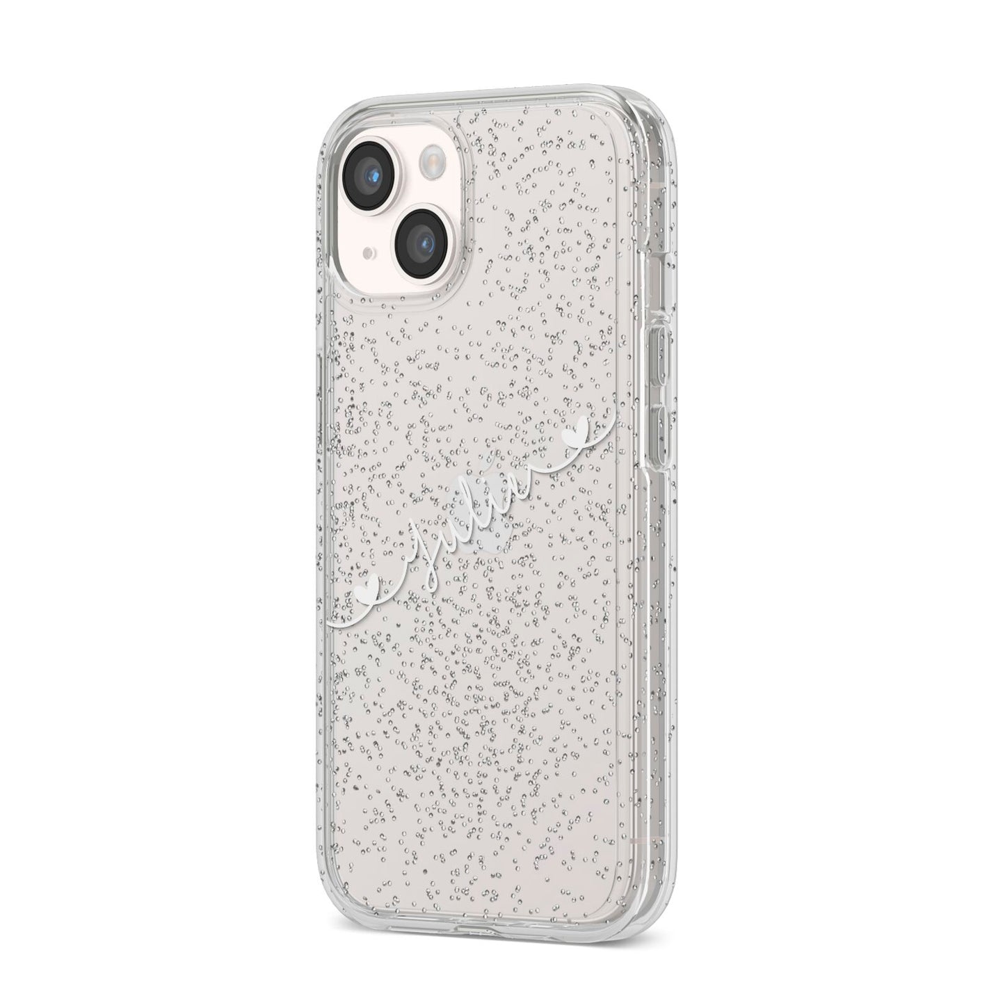 White Sloped Handwritten Name iPhone 14 Glitter Tough Case Starlight Angled Image