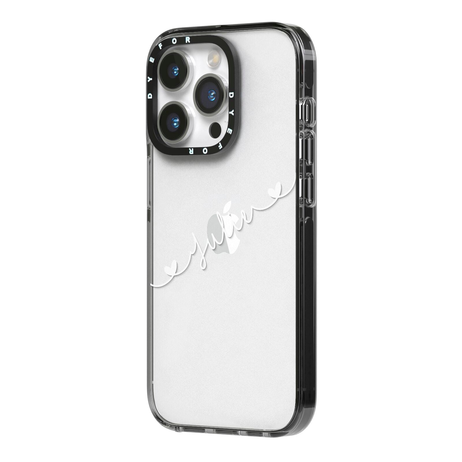 White Sloped Handwritten Name iPhone 14 Pro Black Impact Case Side Angle on Silver phone