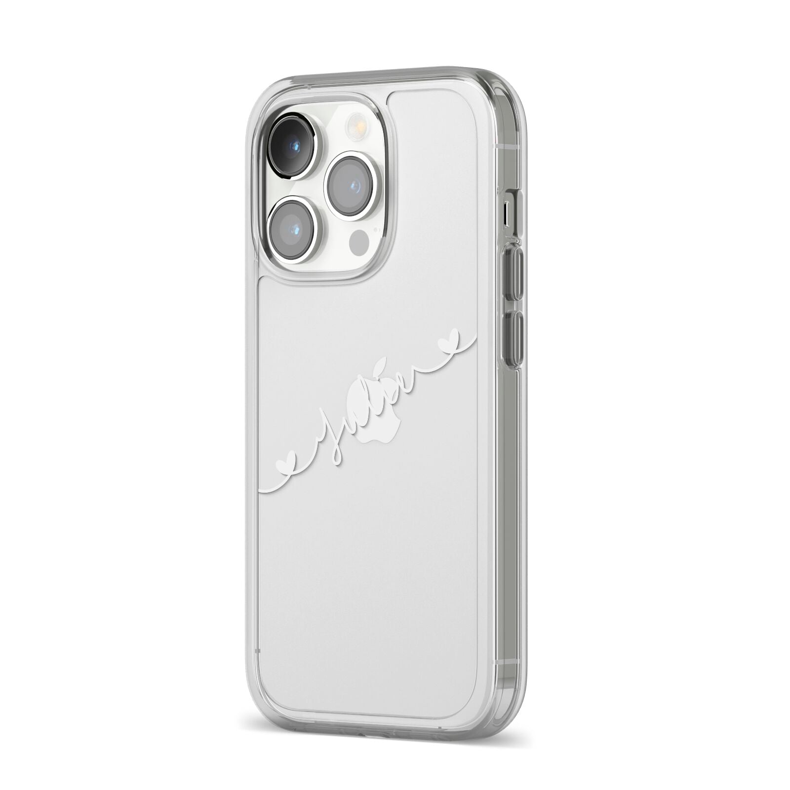 White Sloped Handwritten Name iPhone 14 Pro Clear Tough Case Silver Angled Image