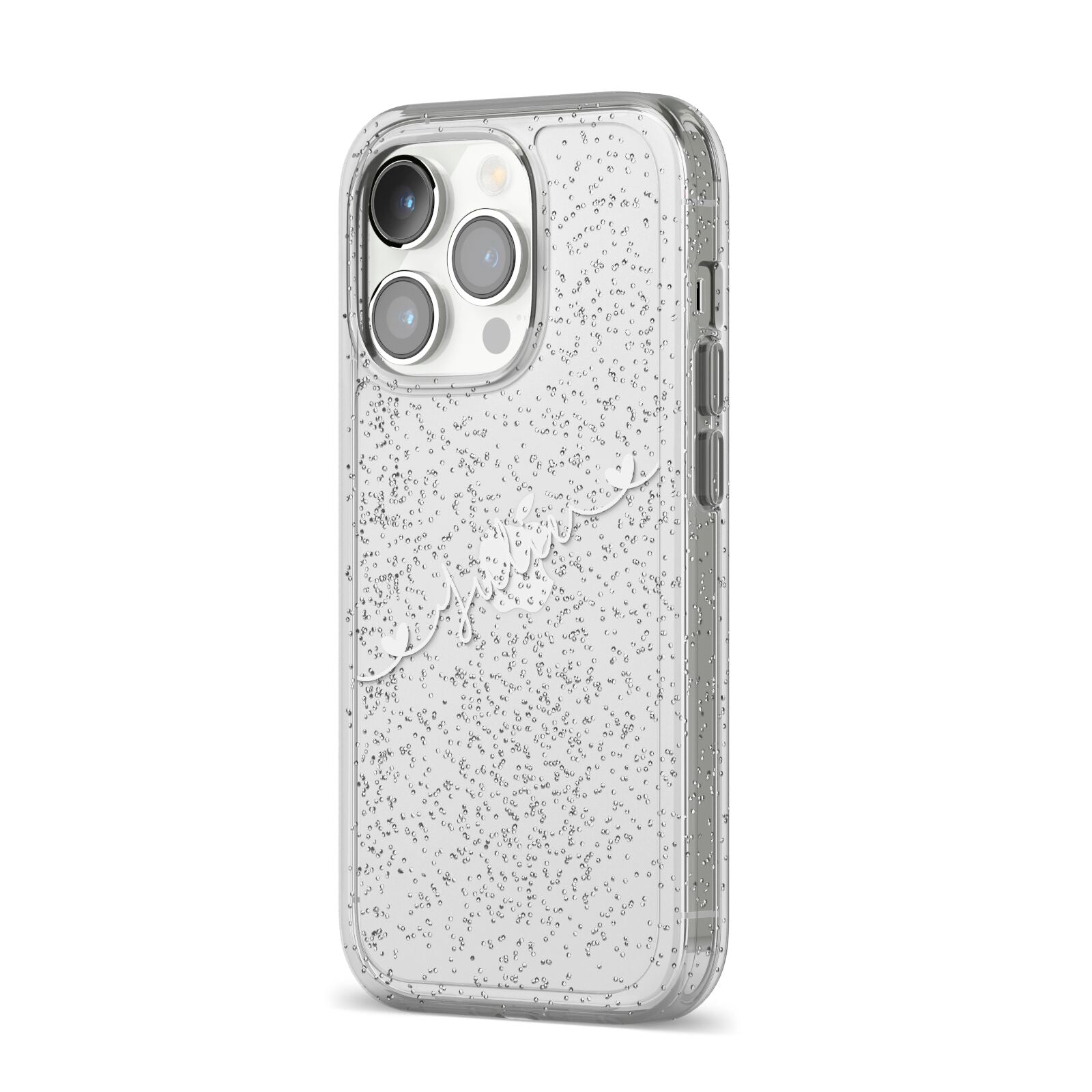 White Sloped Handwritten Name iPhone 14 Pro Glitter Tough Case Silver Angled Image
