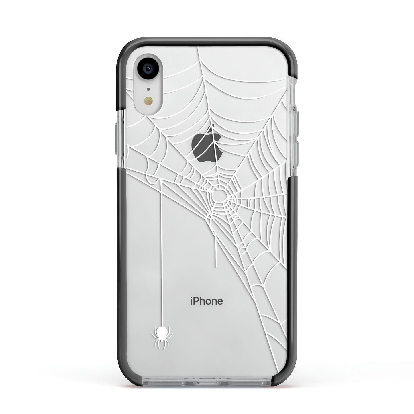 White Spiders Web with Transparent Background Apple iPhone XR Impact Case Black Edge on Silver Phone