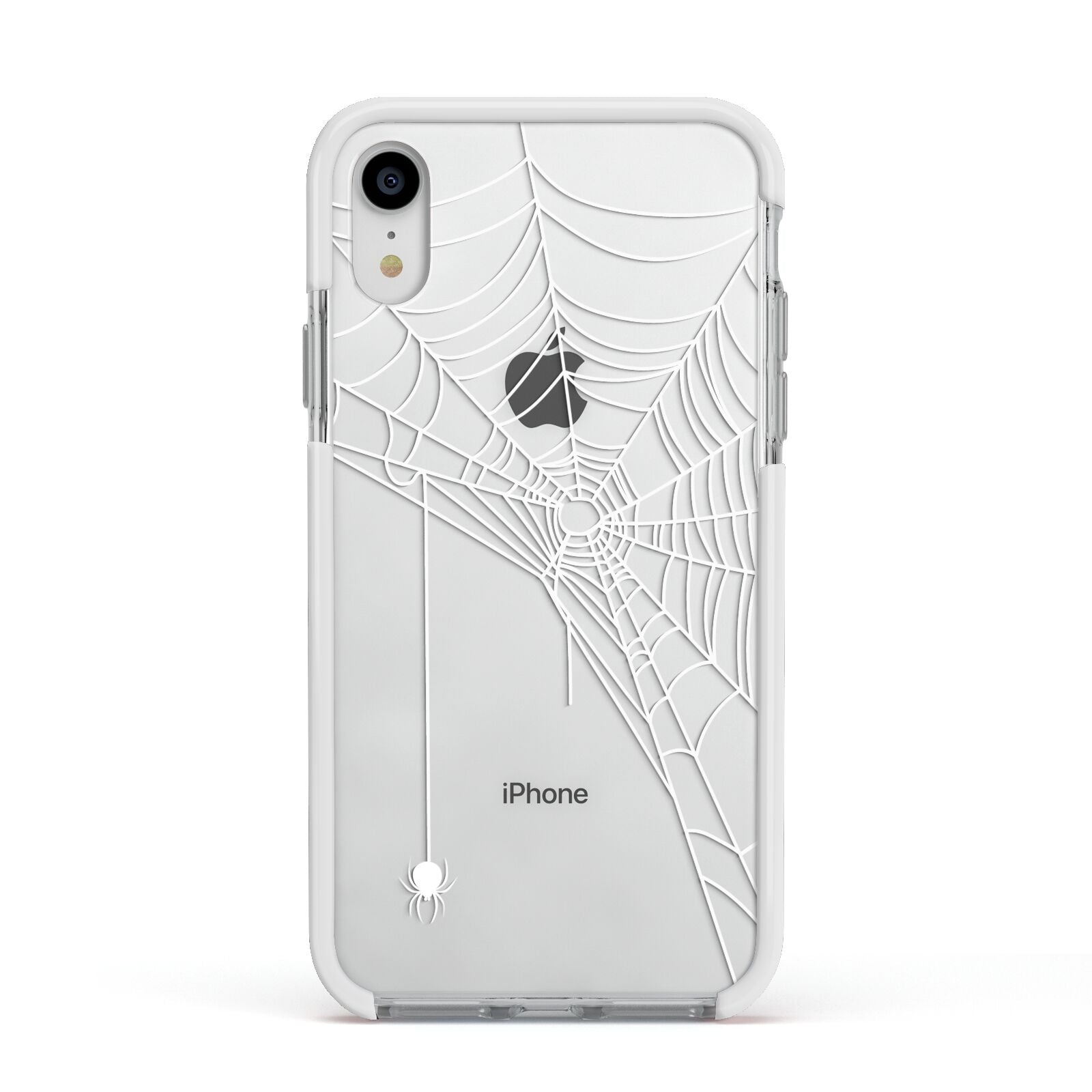 White Spiders Web with Transparent Background Apple iPhone XR Impact Case White Edge on Silver Phone