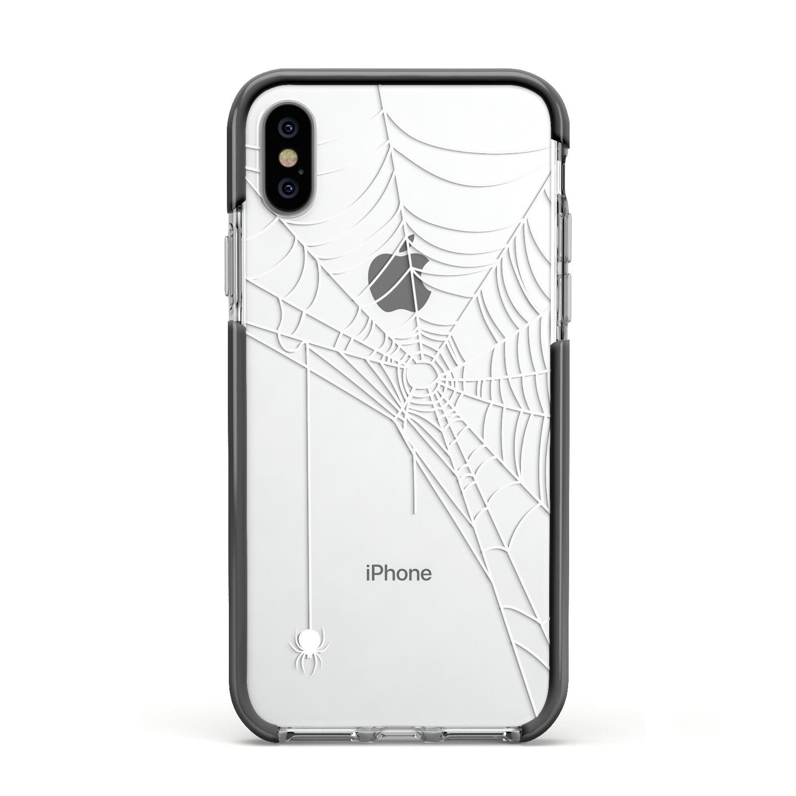 White Spiders Web with Transparent Background Apple iPhone Xs Impact Case Black Edge on Silver Phone