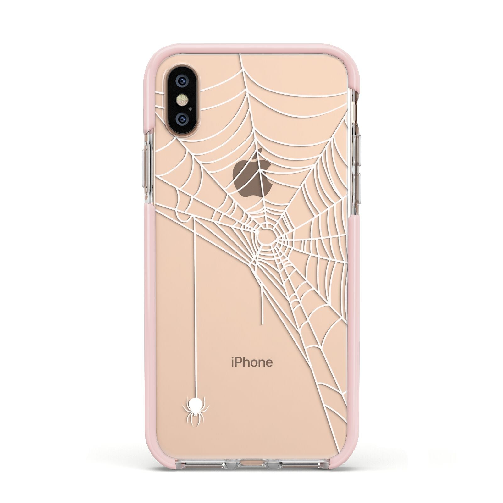 White Spiders Web with Transparent Background Apple iPhone Xs Impact Case Pink Edge on Gold Phone