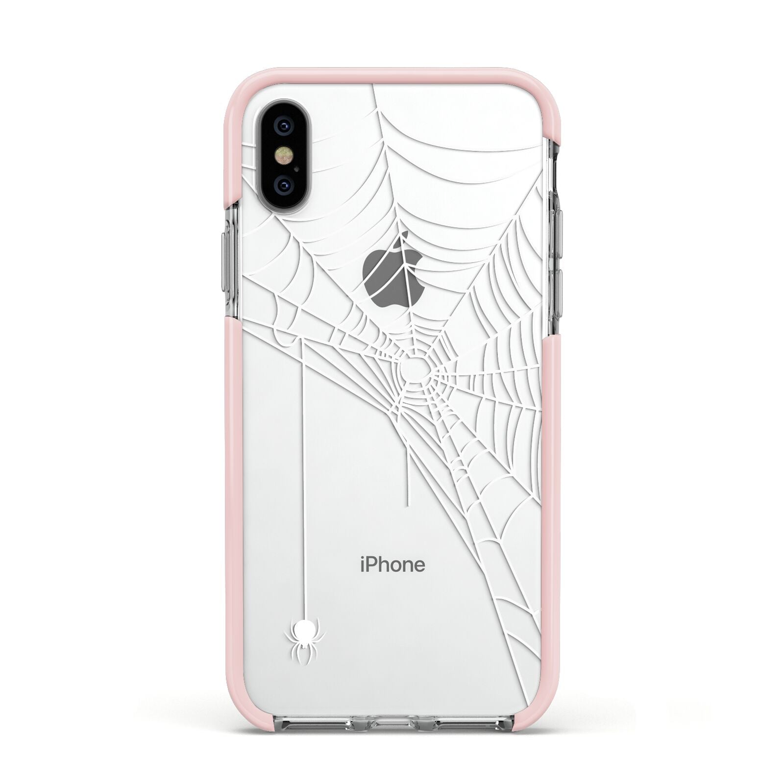 White Spiders Web with Transparent Background Apple iPhone Xs Impact Case Pink Edge on Silver Phone