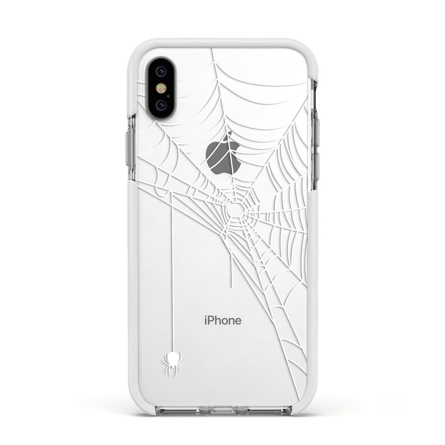 White Spiders Web with Transparent Background Apple iPhone Xs Impact Case White Edge on Silver Phone