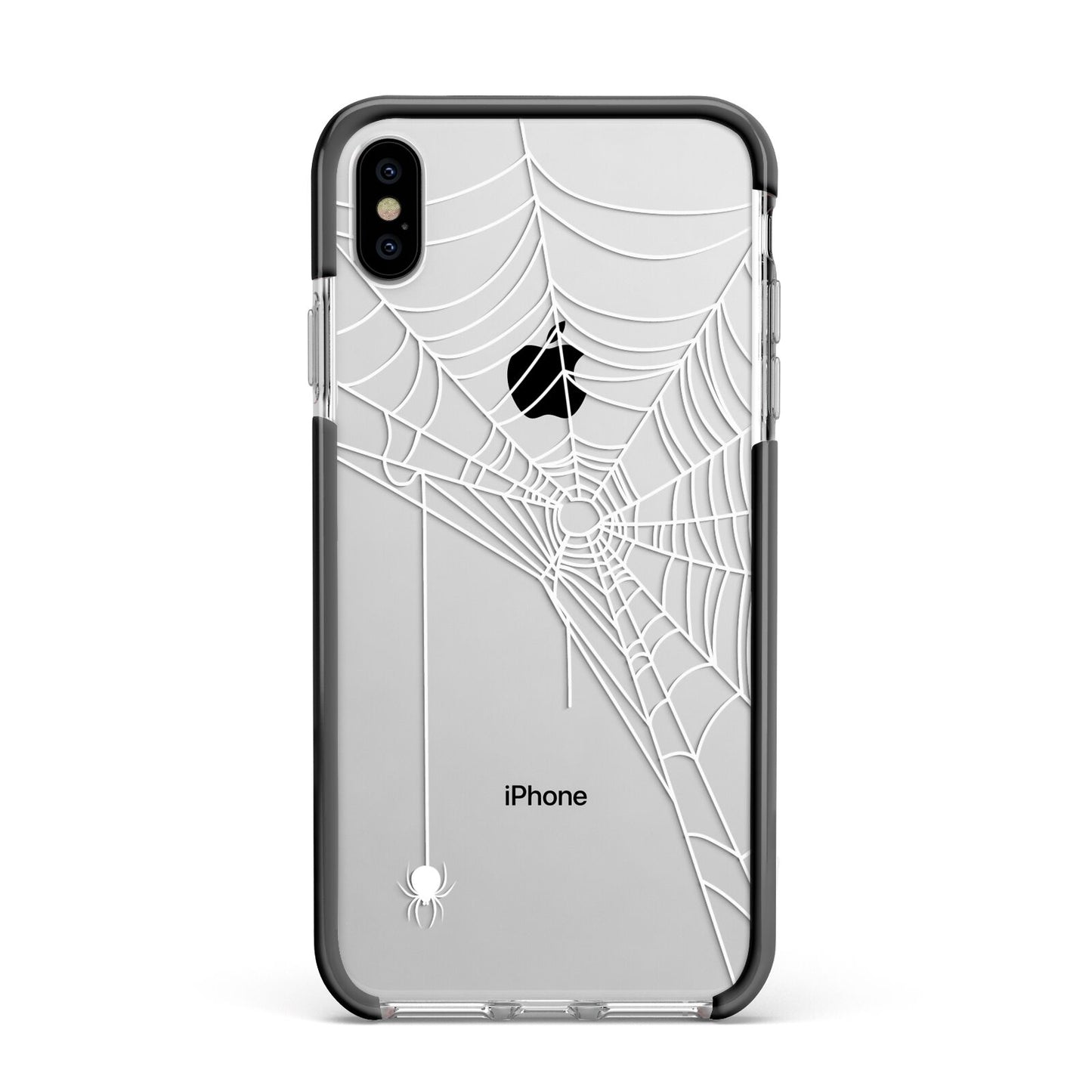 White Spiders Web with Transparent Background Apple iPhone Xs Max Impact Case Black Edge on Silver Phone