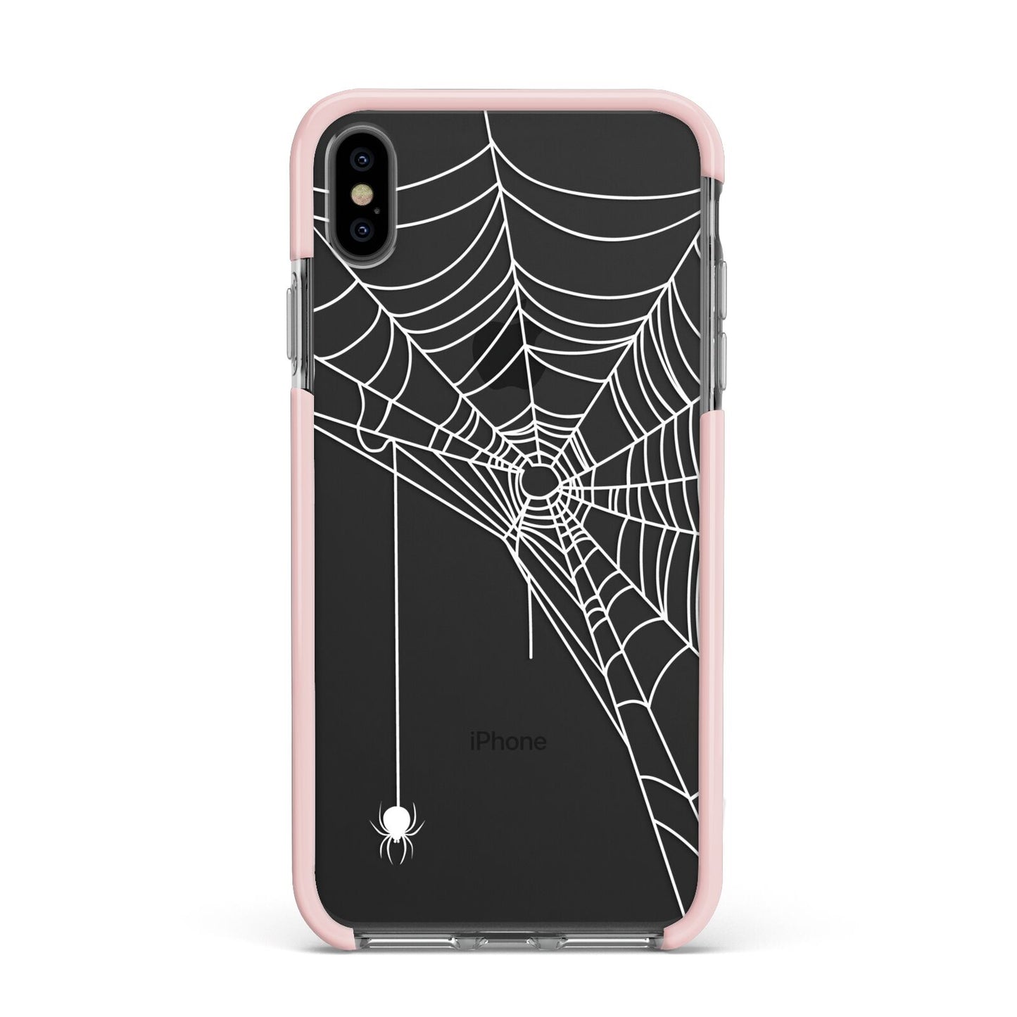 White Spiders Web with Transparent Background Apple iPhone Xs Max Impact Case Pink Edge on Black Phone