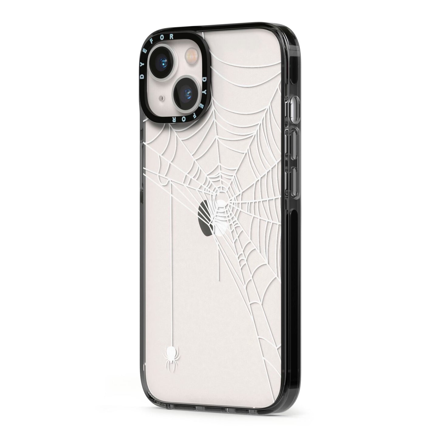 White Spiders Web with Transparent Background iPhone 13 Black Impact Case Side Angle on Silver phone