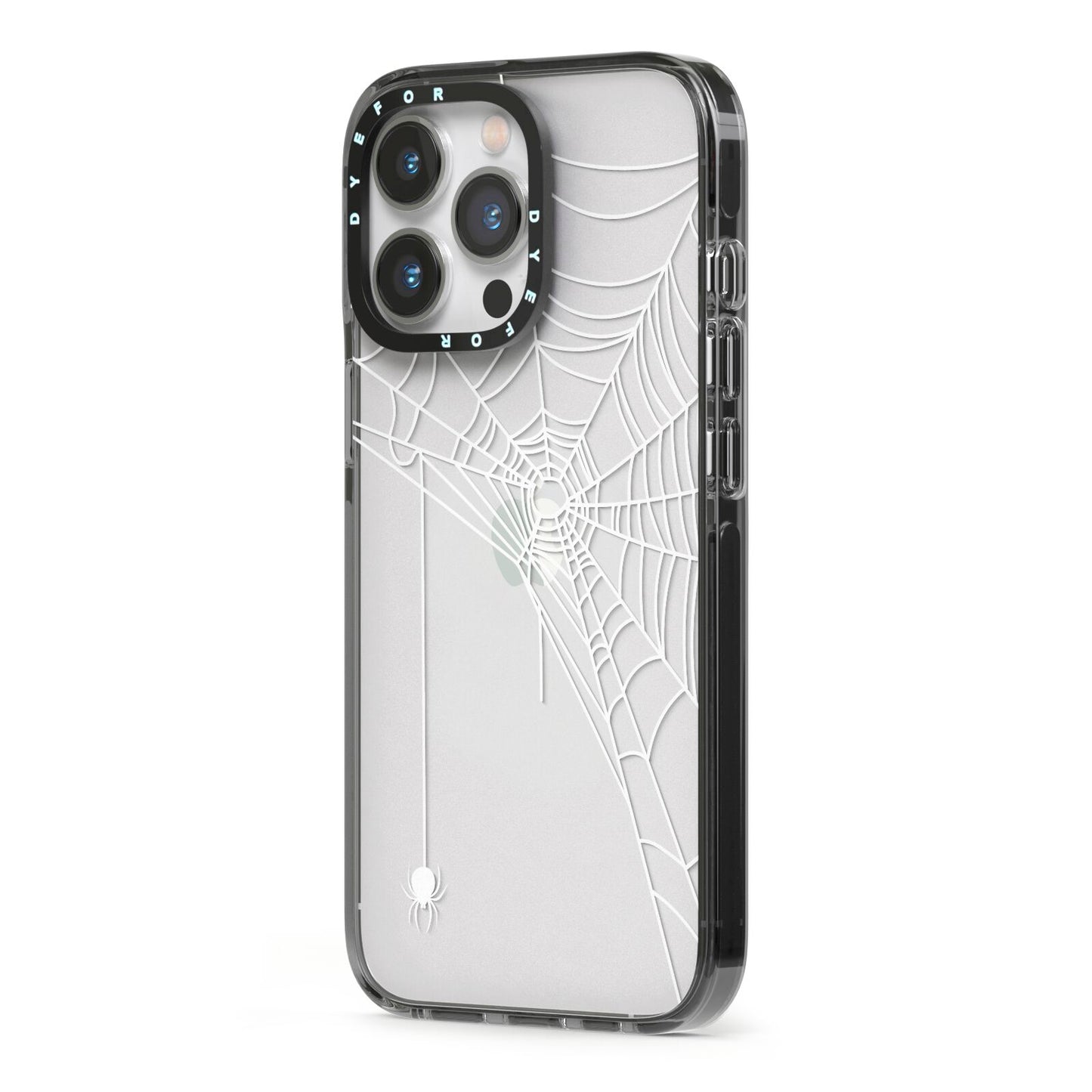 White Spiders Web with Transparent Background iPhone 13 Pro Black Impact Case Side Angle on Silver phone