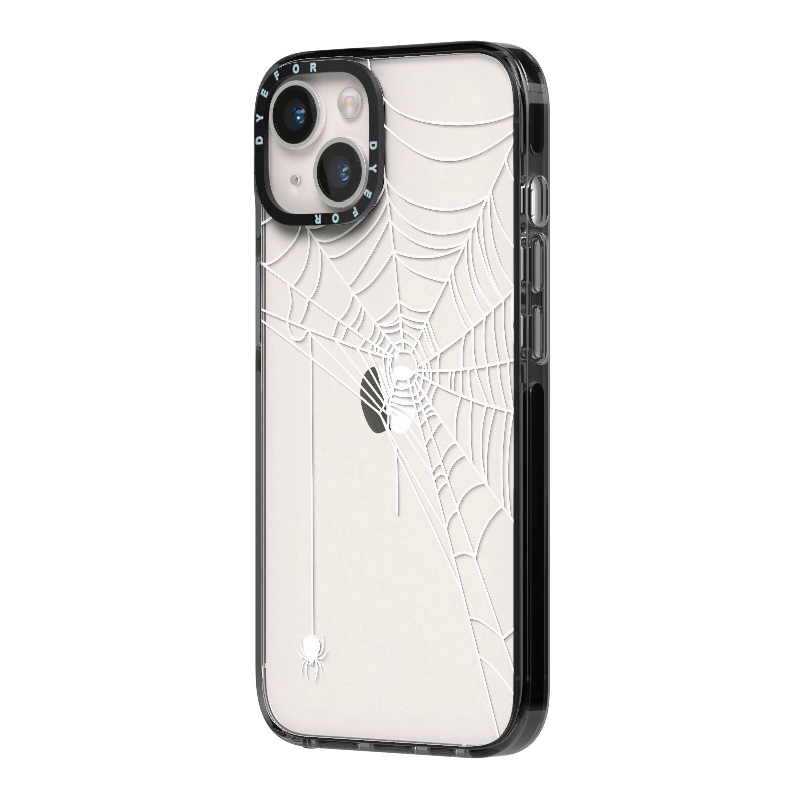 White Spiders Web with Transparent Background iPhone 14 Black Impact Case Side Angle on Silver phone
