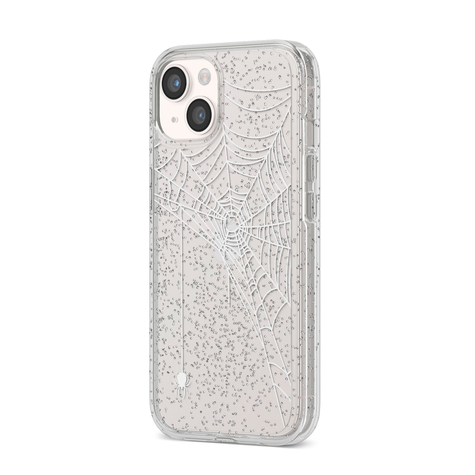 White Spiders Web with Transparent Background iPhone 14 Glitter Tough Case Starlight Angled Image