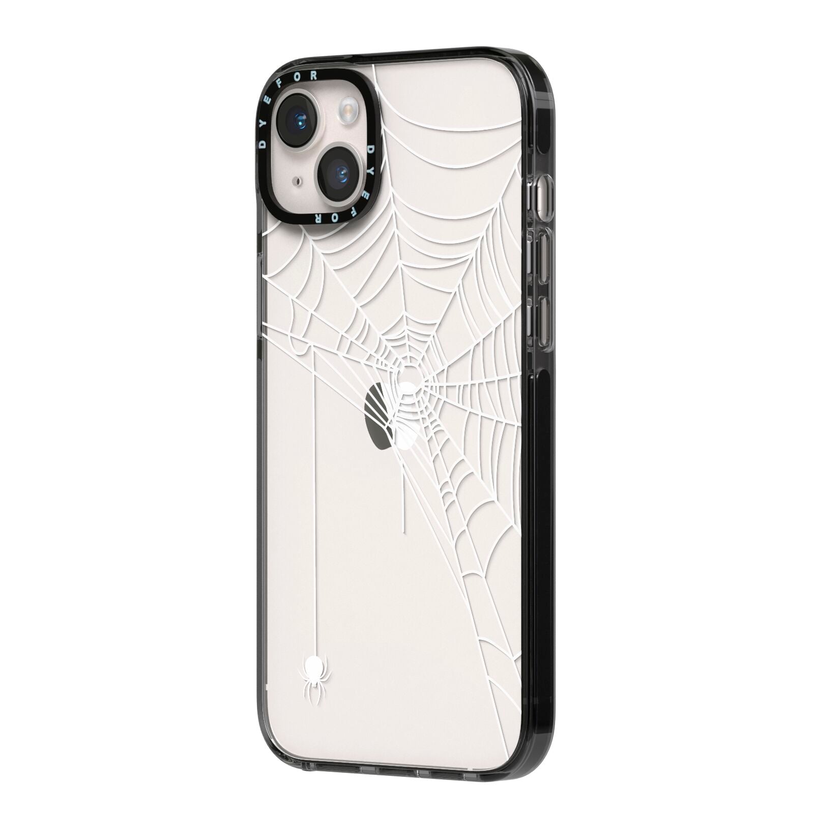 White Spiders Web with Transparent Background iPhone 14 Plus Black Impact Case Side Angle on Silver phone