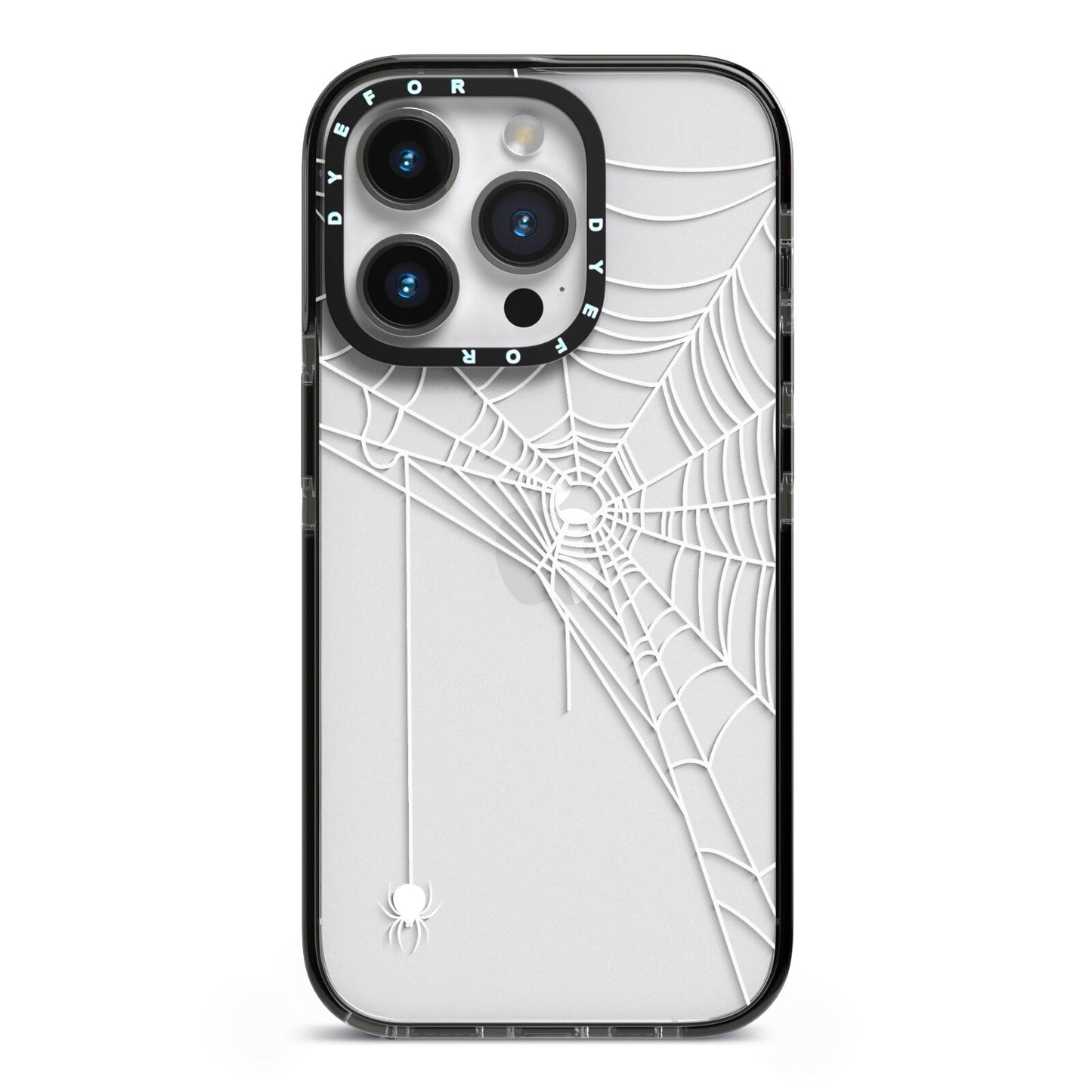 White Spiders Web with Transparent Background iPhone 14 Pro Black Impact Case on Silver phone