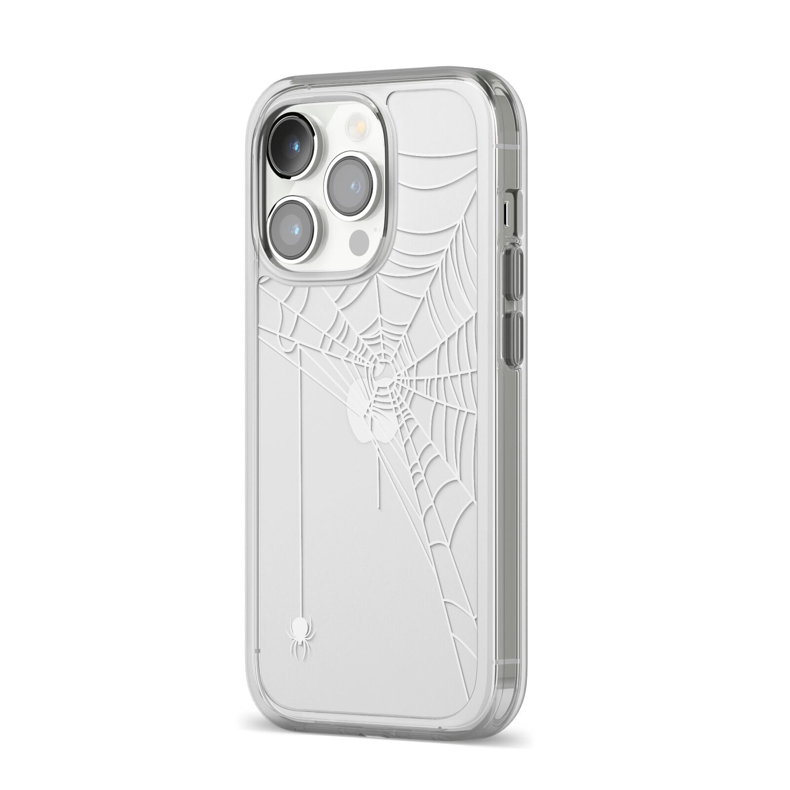 White Spiders Web with Transparent Background iPhone 14 Pro Clear Tough Case Silver Angled Image