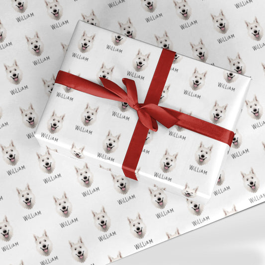 White Swiss Shepherd Dog Icon with Name Custom Wrapping Paper