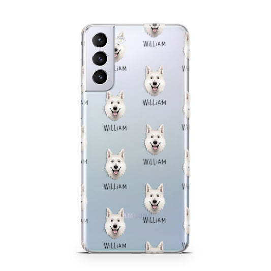 White Swiss Shepherd Dog Icon with Name Samsung S21 Plus Phone Case