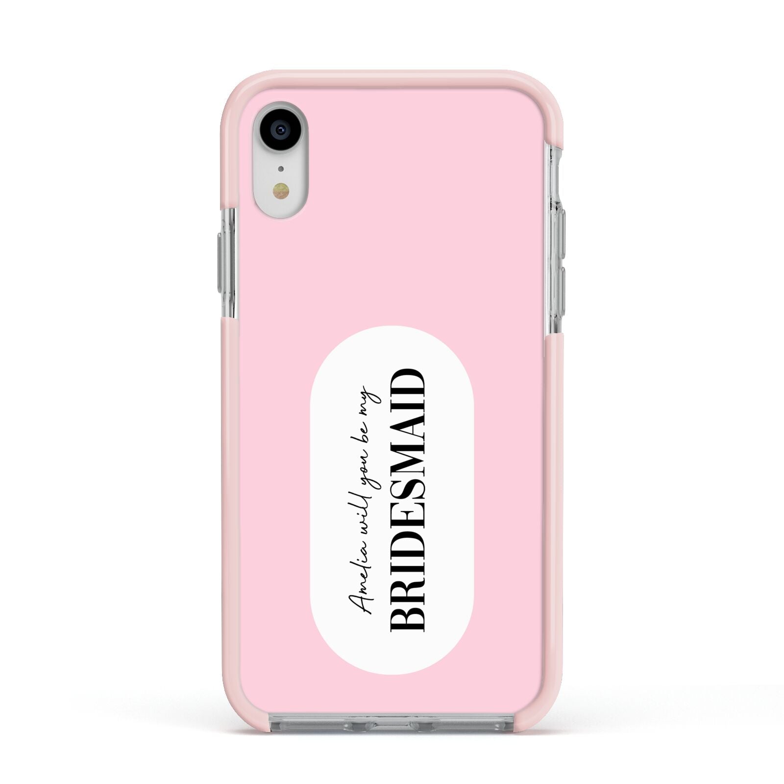 Will You Be My Bridesmaid Apple iPhone XR Impact Case Pink Edge on Silver Phone