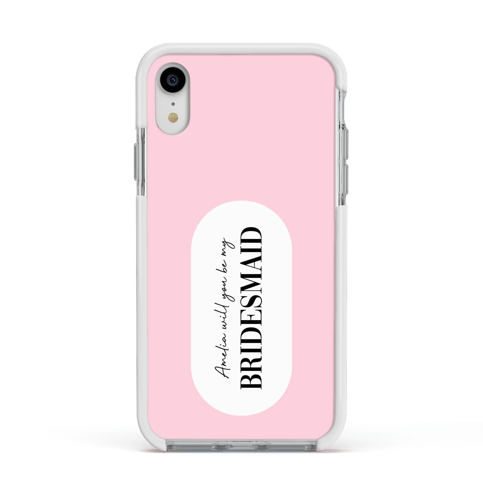 Will You Be My Bridesmaid Apple iPhone XR Impact Case White Edge on Silver Phone