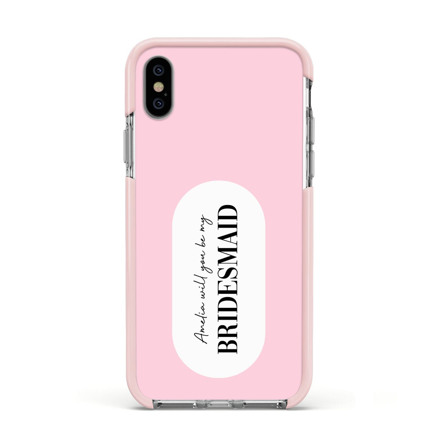 Will You Be My Bridesmaid Apple iPhone Xs Impact Case Pink Edge on Silver Phone