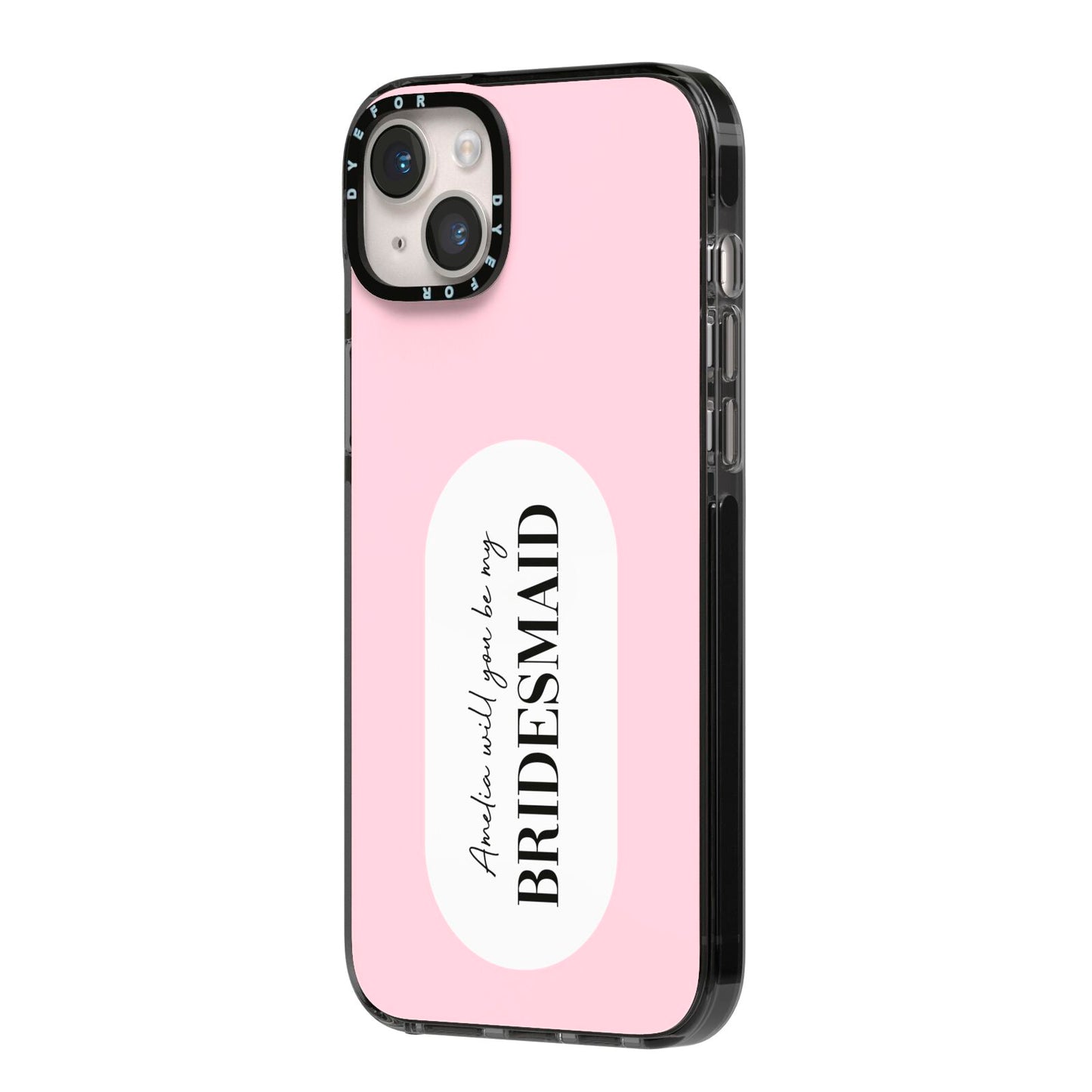 Will You Be My Bridesmaid iPhone 14 Plus Black Impact Case Side Angle on Silver phone