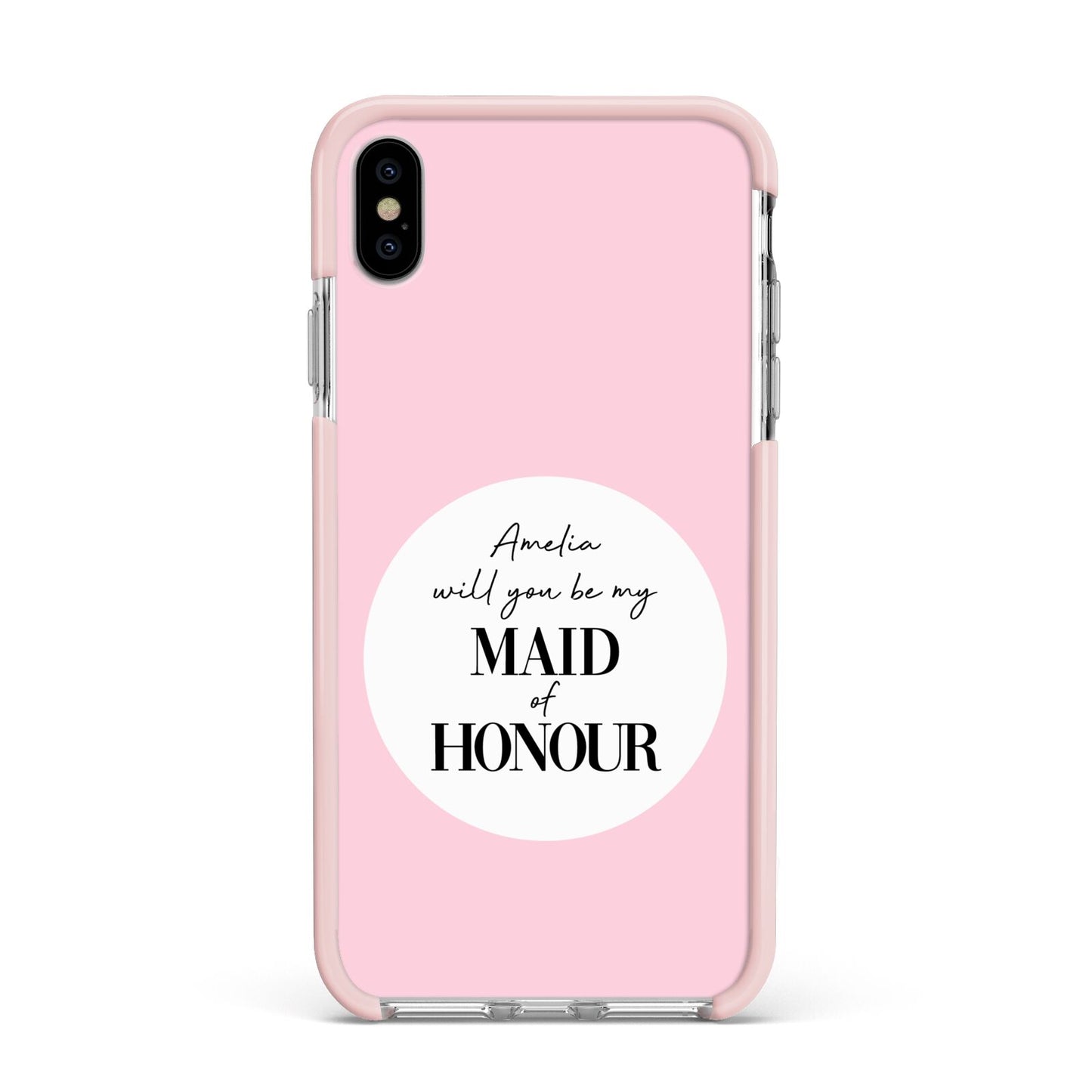 Will You Be My Maid Of Honour Apple iPhone Xs Max Impact Case Pink Edge on Silver Phone