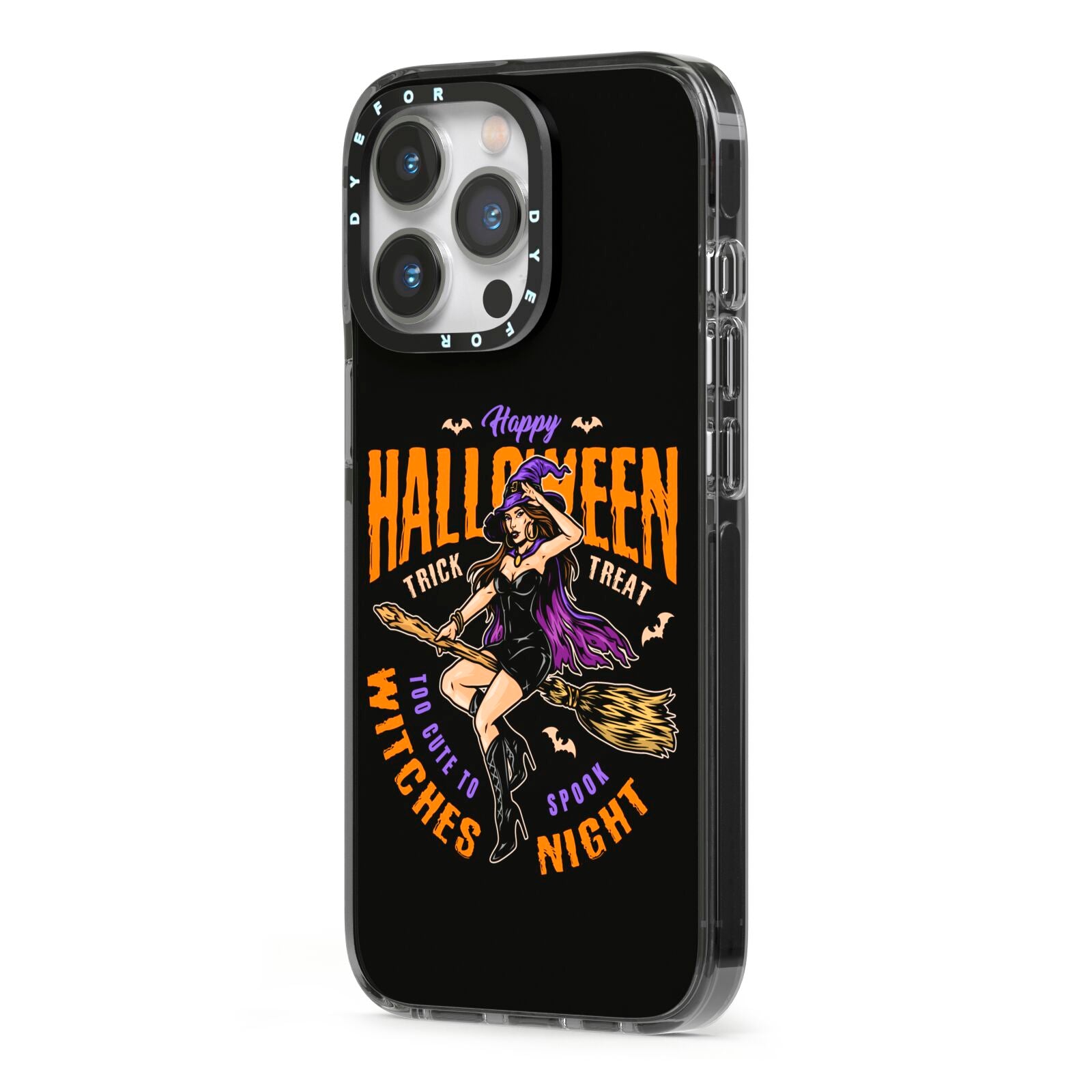 Witches Night iPhone 13 Pro Black Impact Case Side Angle on Silver phone