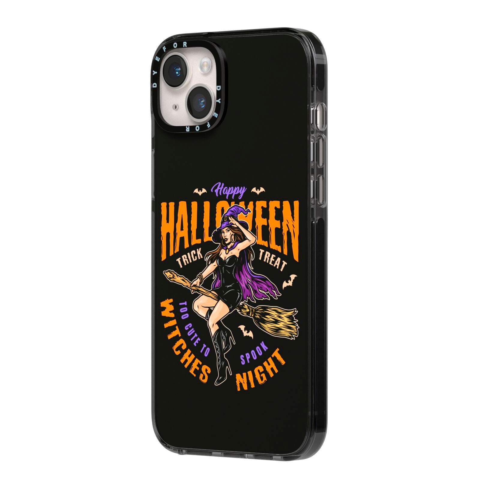 Witches Night iPhone 14 Plus Black Impact Case Side Angle on Silver phone