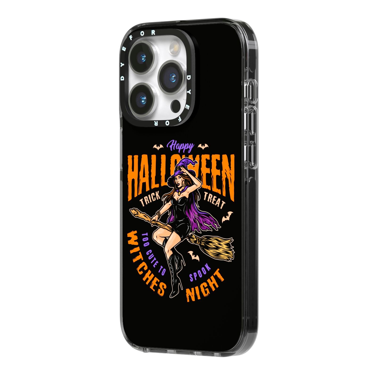 Witches Night iPhone 14 Pro Black Impact Case Side Angle on Silver phone