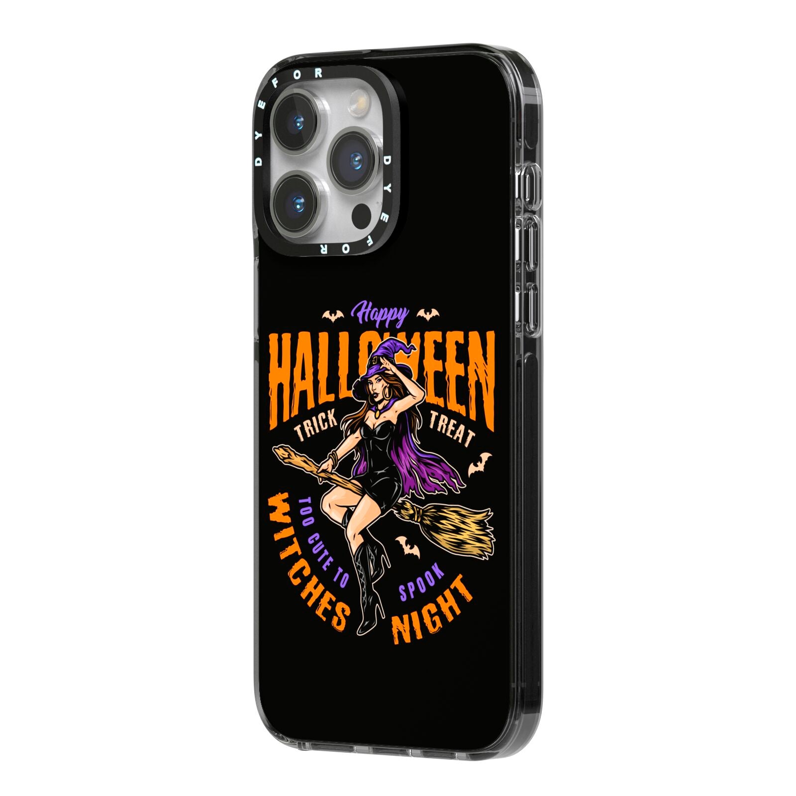 Witches Night iPhone 14 Pro Max Black Impact Case Side Angle on Silver phone